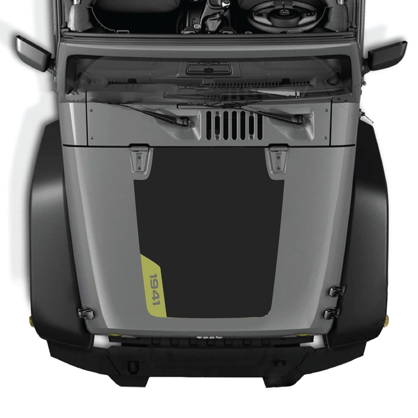 CarCode hood decal for Jeep Wrangler JK/JKU 2007-2018, style #85, shown on the vehicle’s hood in black with graphic design.