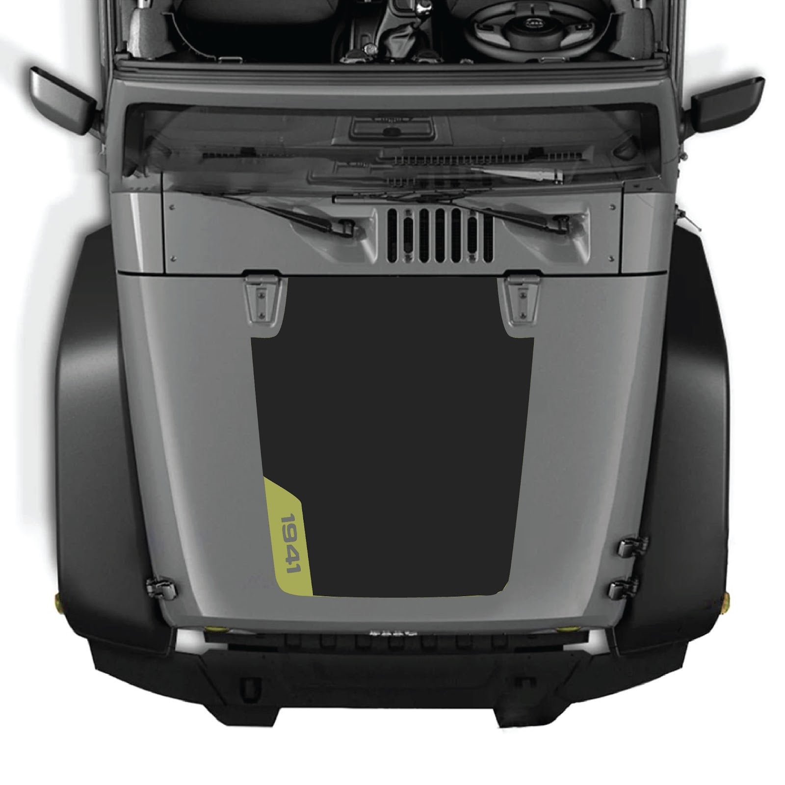 CarCode hood decal for Jeep Wrangler JK/JKU 2007-2018, style #85, shown on the vehicle’s hood in black with graphic design.