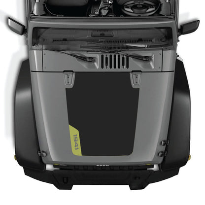 CarCode hood decal for Jeep Wrangler JK/JKU 2007-2018, style #85, shown on the vehicle’s hood in black with graphic design.