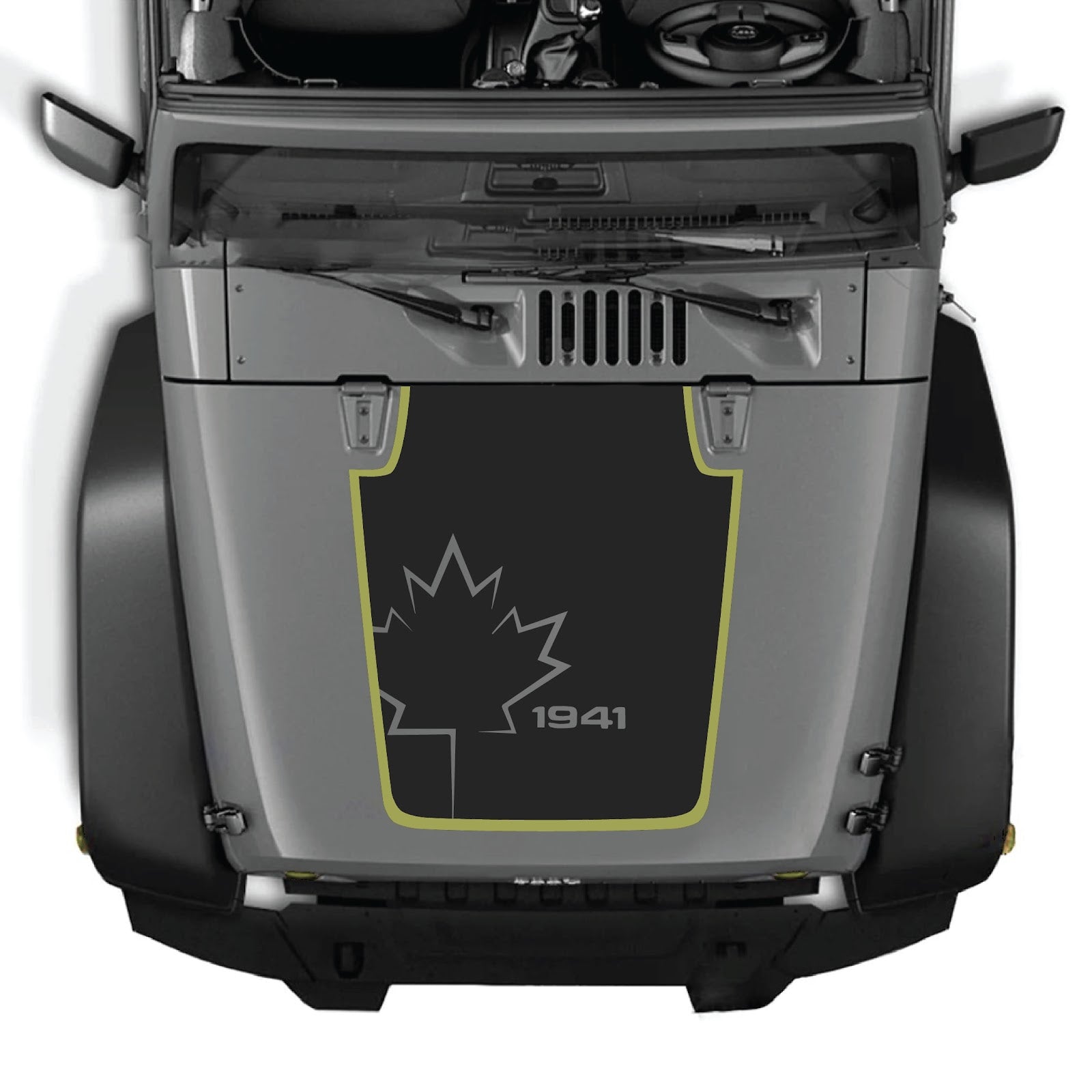 Jeep Wrangler JK/JKU hood decal by CarCode, style #72, in black with bold graphic design on vehicle hood.