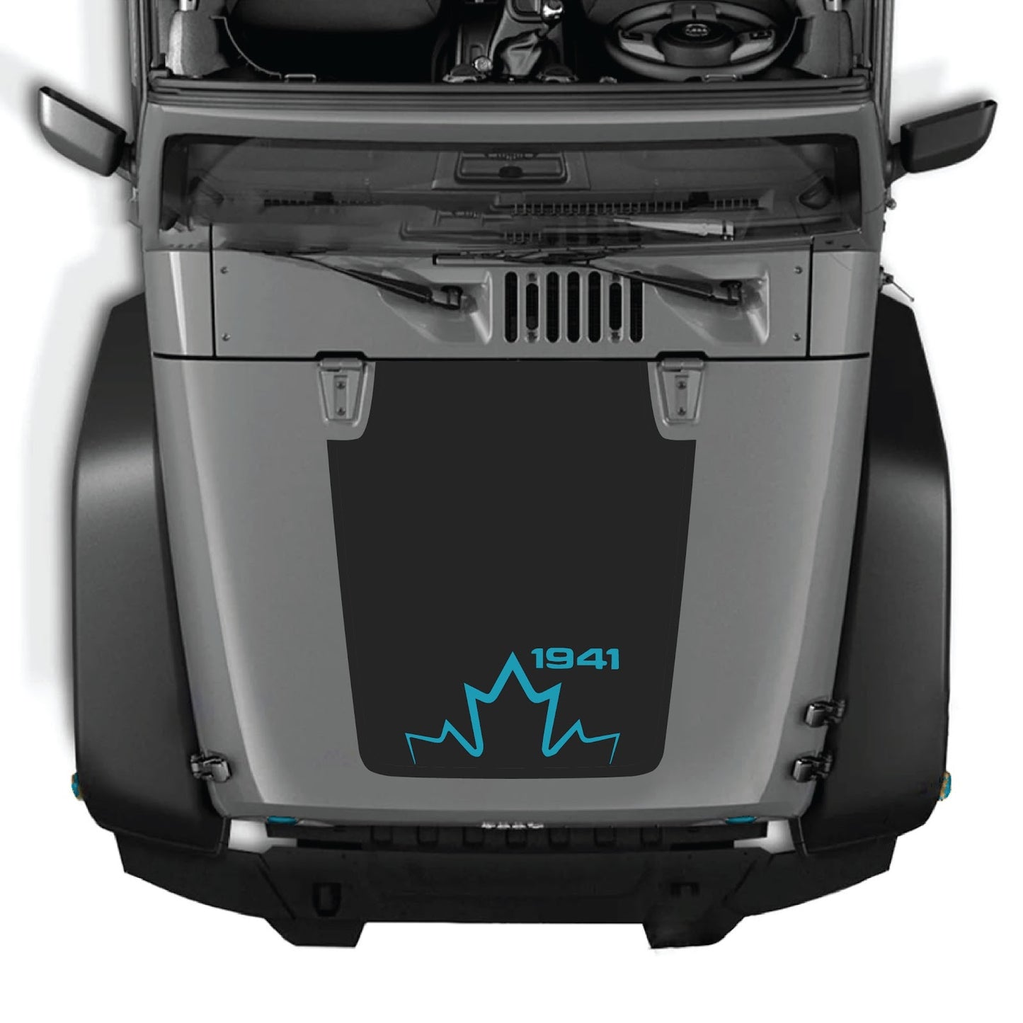 CarCode hood decal for Jeep Wrangler JK/JKU 2007-2018, Style #12, displayed on the vehicle's hood with bold black graphic design.