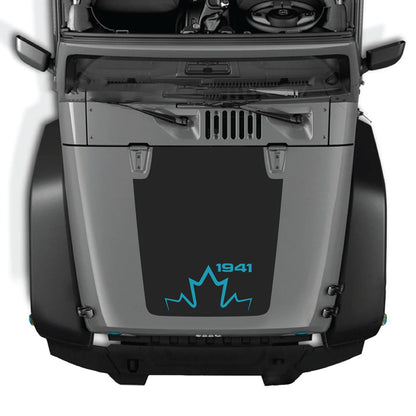 CarCode hood decal for Jeep Wrangler JK/JKU 2007-2018, Style #12, displayed on the vehicle's hood with bold black graphic design.