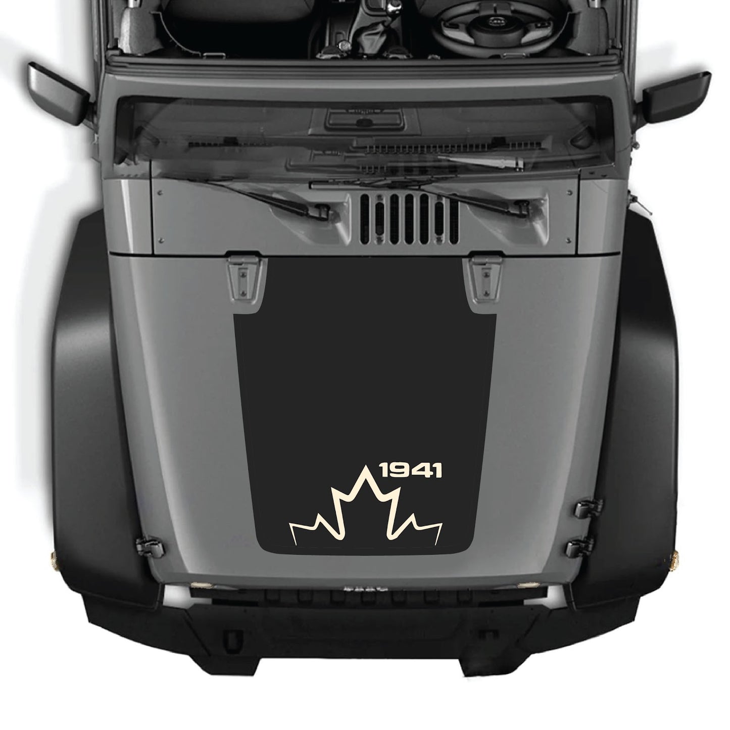 Jeep Wrangler JK/JKU hood decal by CarCode, Style #12, featuring bold black and white graphic design on a vehicle hood.