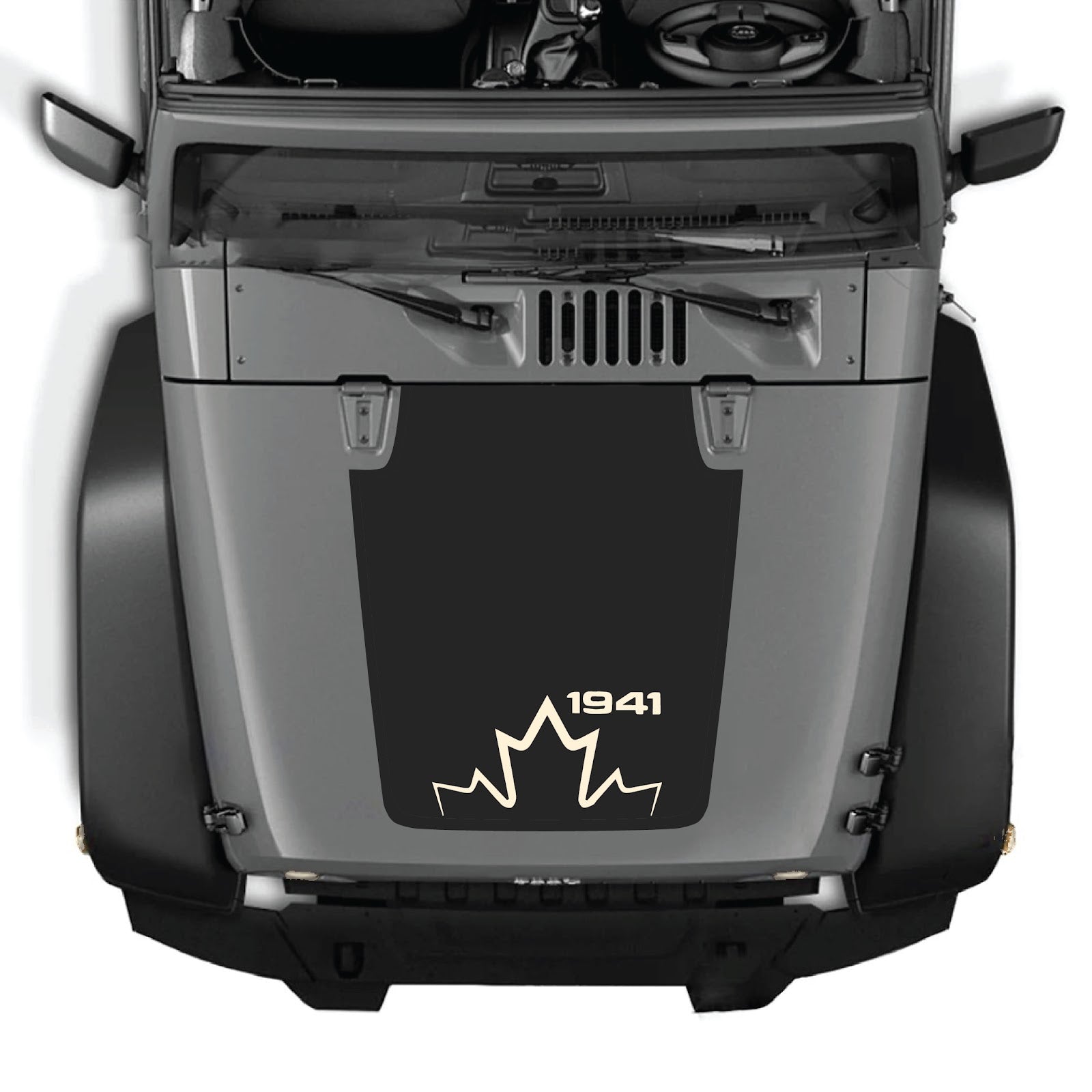 Jeep Wrangler JK/JKU hood decal by CarCode, Style #12, featuring bold black and white graphic design on a vehicle hood.
