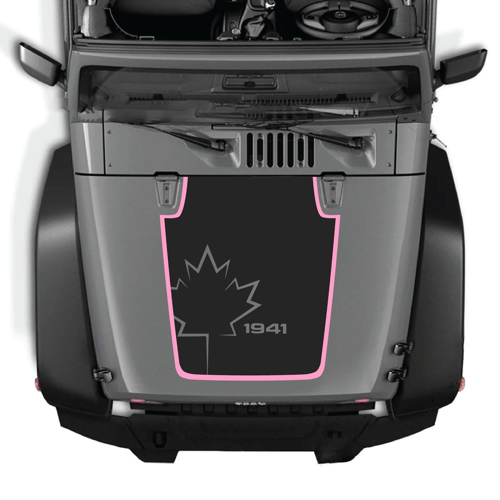 Jeep Wrangler JK/JKU hood decal by CarCode, style #72, in black with graphic design, applied on the vehicle's hood.