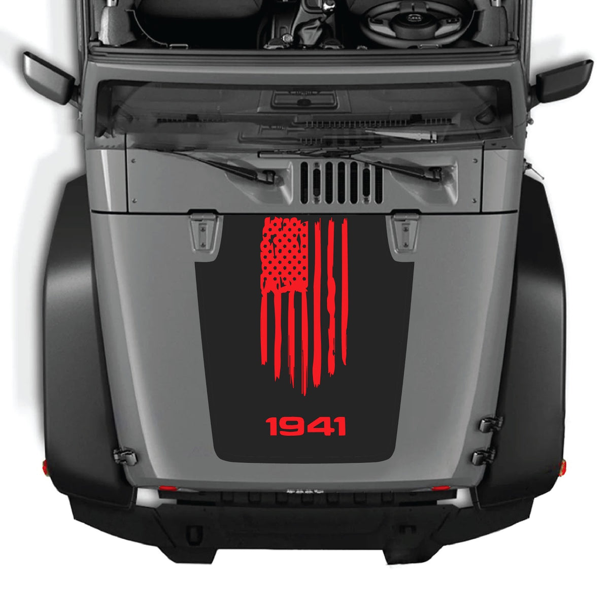 Jeep Wrangler JK/JKU hood decal by CarCode, style #04, in black with graphic design on the vehicle's hood.