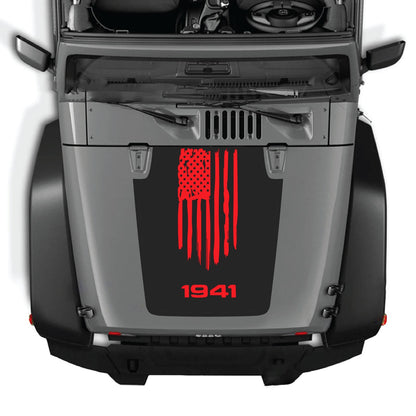 Jeep Wrangler JK/JKU hood decal by CarCode, style #04, in black with graphic design on the vehicle's hood.