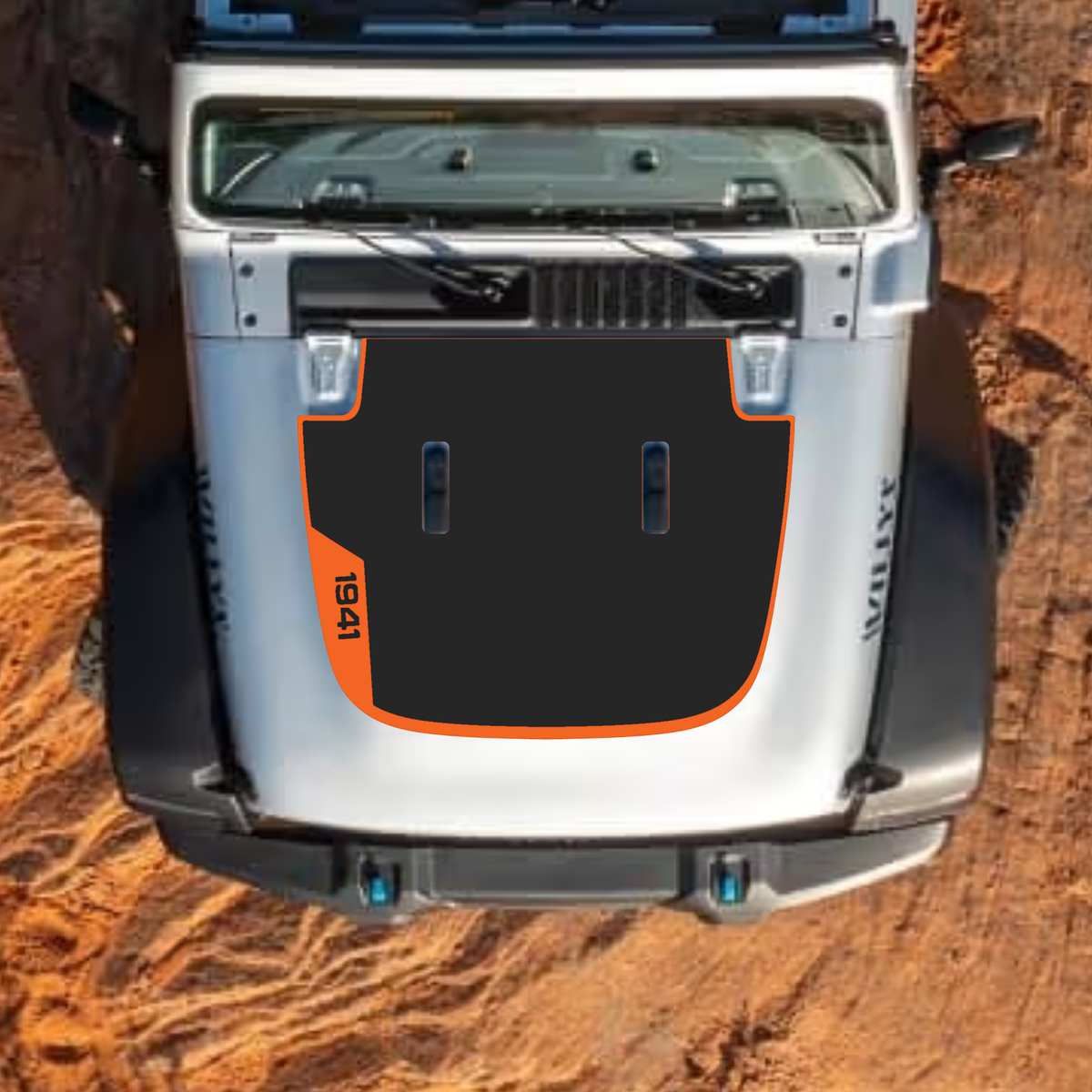 CarCode hood decal for Jeep Wrangler JL, JLU, Gladiator JT, standard hood, style #44, black and gray graphic graphic on vehicle hood