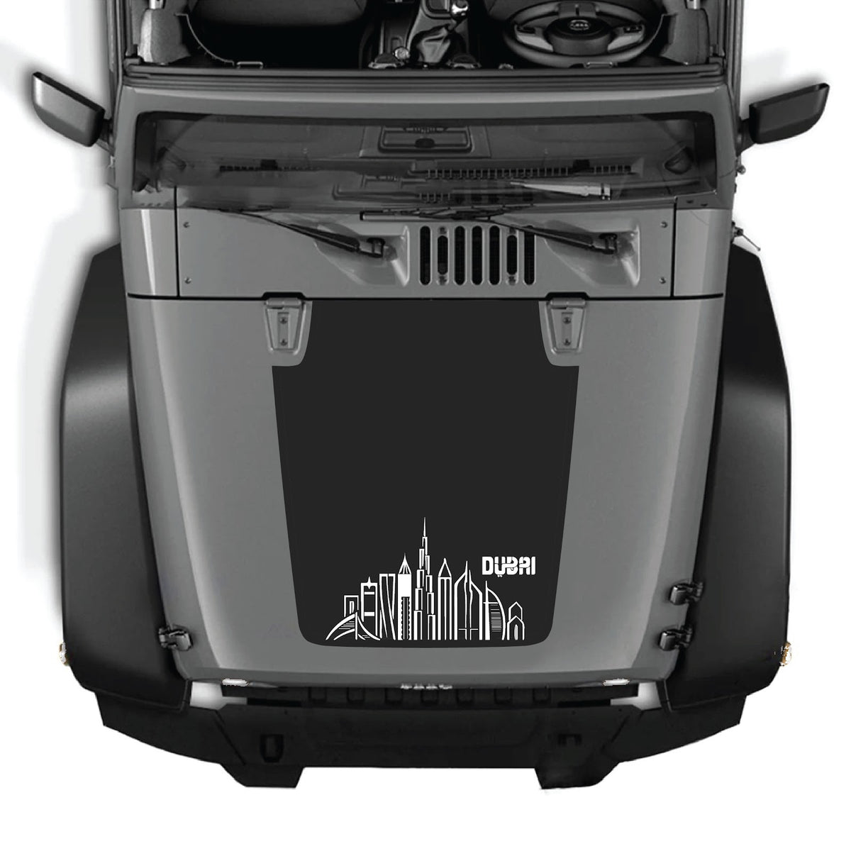 CarCode Jeep Wrangler JK/JKU hood decal in style #23, black and gray design on vehicle hood, 2007-2018 model fit.