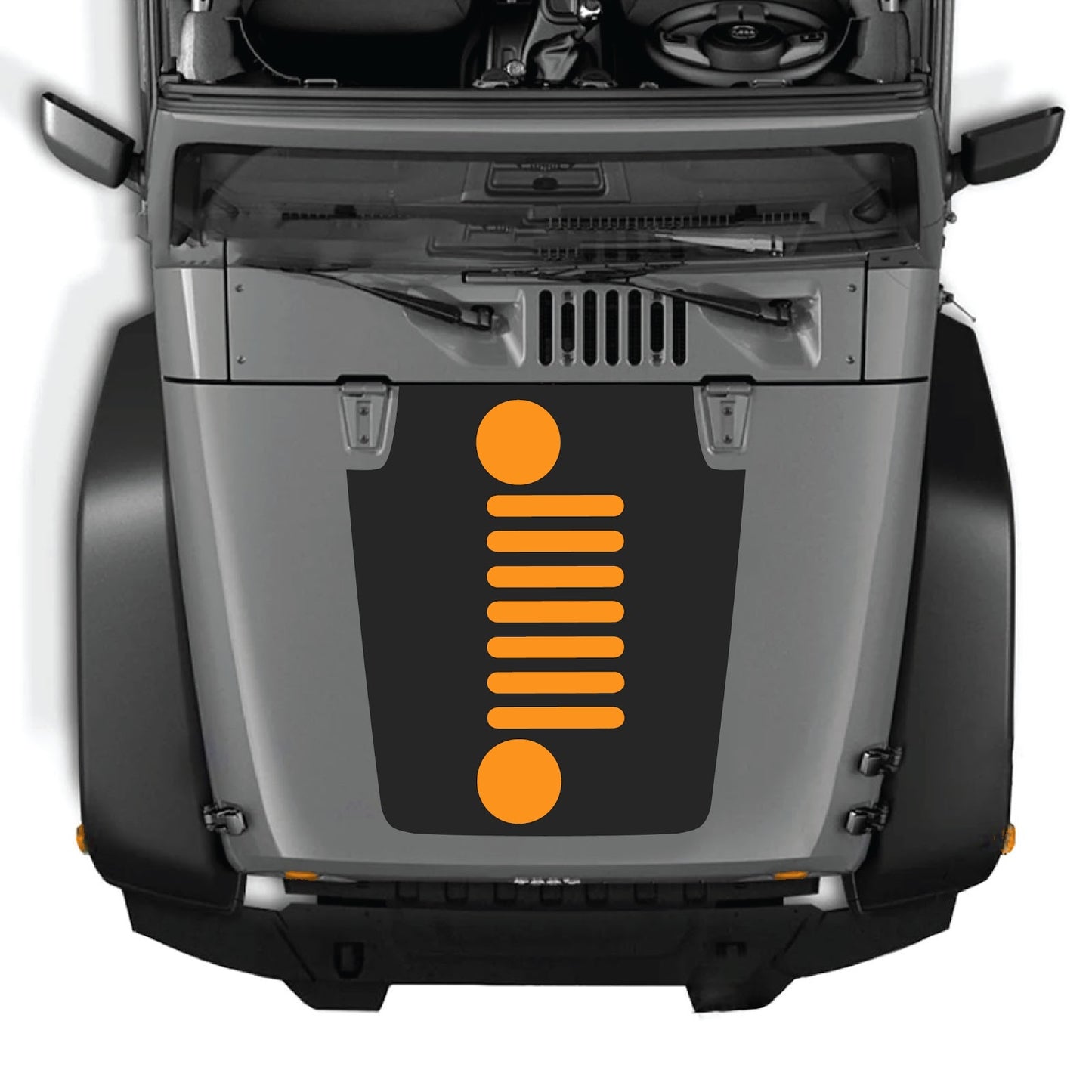 CarCode hood decal for Jeep Wrangler JK/JKU 2007-2018, style #51, shown applied to vehicle hood with black and silver design.
