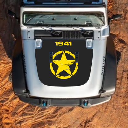 CarCode hood decal for Jeep Wrangler JL JLU and Gladiator JT, stylish 2018+ standard hood graphic in black and white.