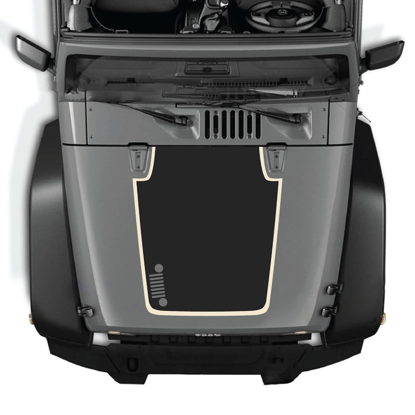 Jeep Wrangler JK/JKU 2007-2018 hood decal by CarCode, style #81, black and white graphic decal on hood surface.