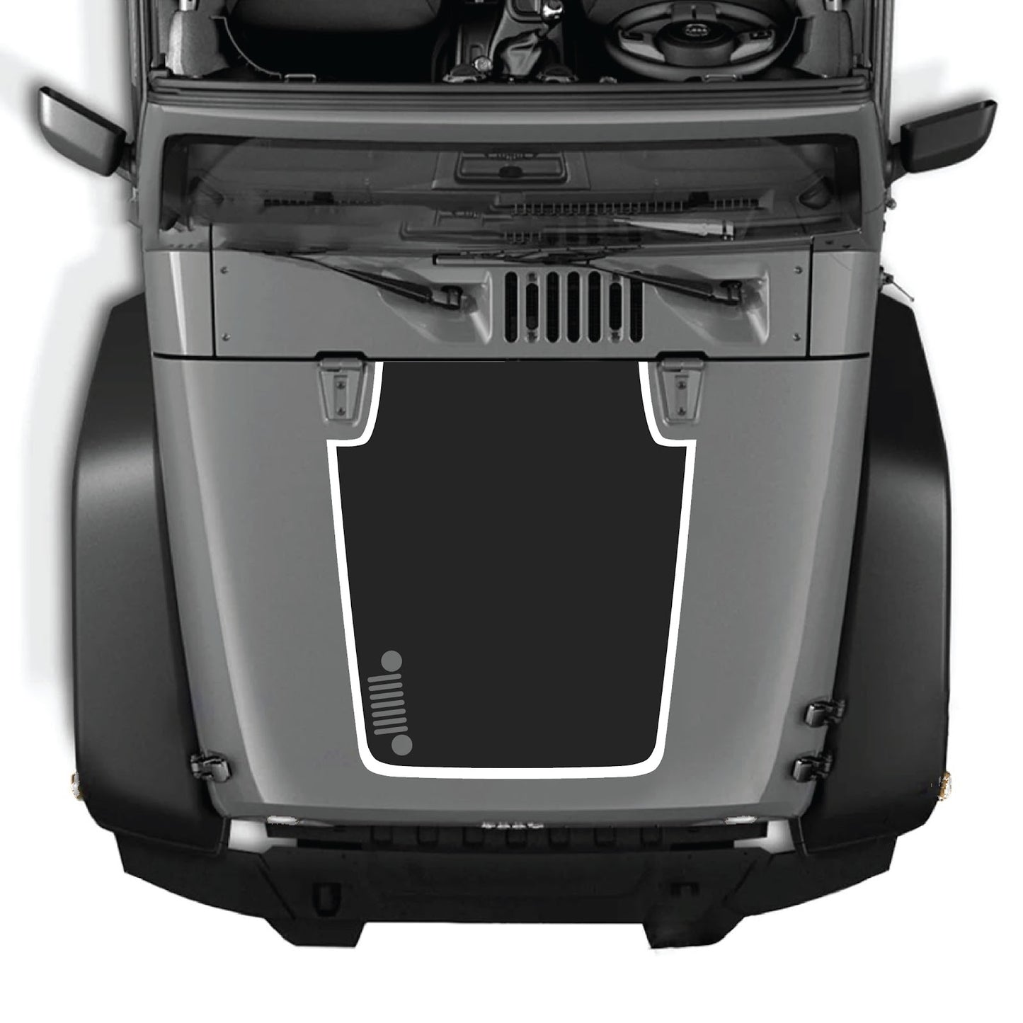 CarCode Jeep Wrangler JK/JKU hood decal style #81, black graphic sticker for 2007-2018 Jeep Wrangler models.