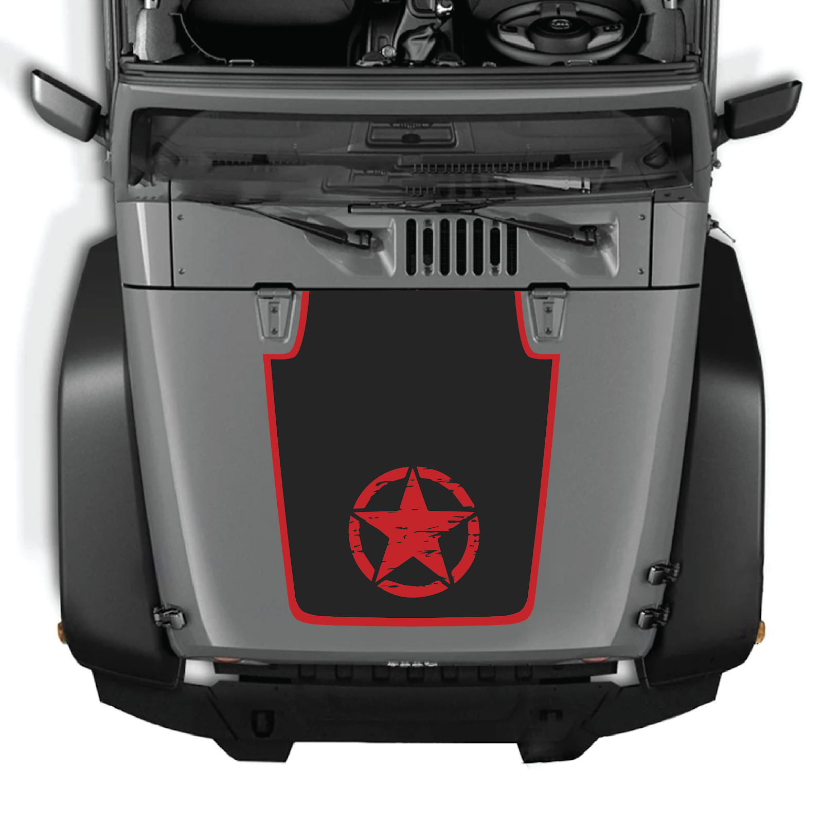 CarCode hood decal for Jeep Wrangler JK/JKU 2007-2018, style #21, black and white graphic decal on vehicle's hood.