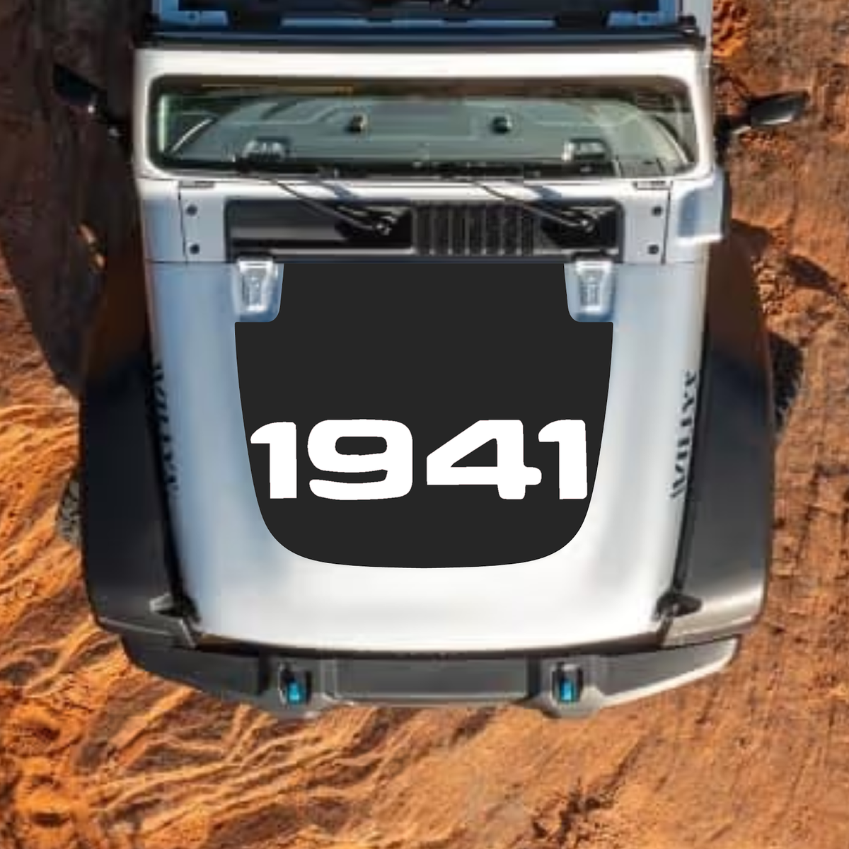 CarCode Jeep Wrangler JL Gladiator JT hood decal in style #04, black and white graphic design on standard 2018+ Jeep hood