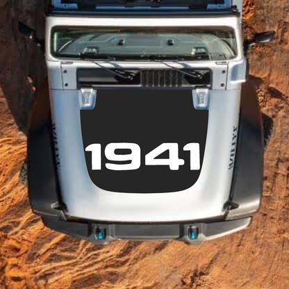 CarCode Jeep Wrangler JL Gladiator JT hood decal in style #04, black and white graphic design on standard 2018+ Jeep hood