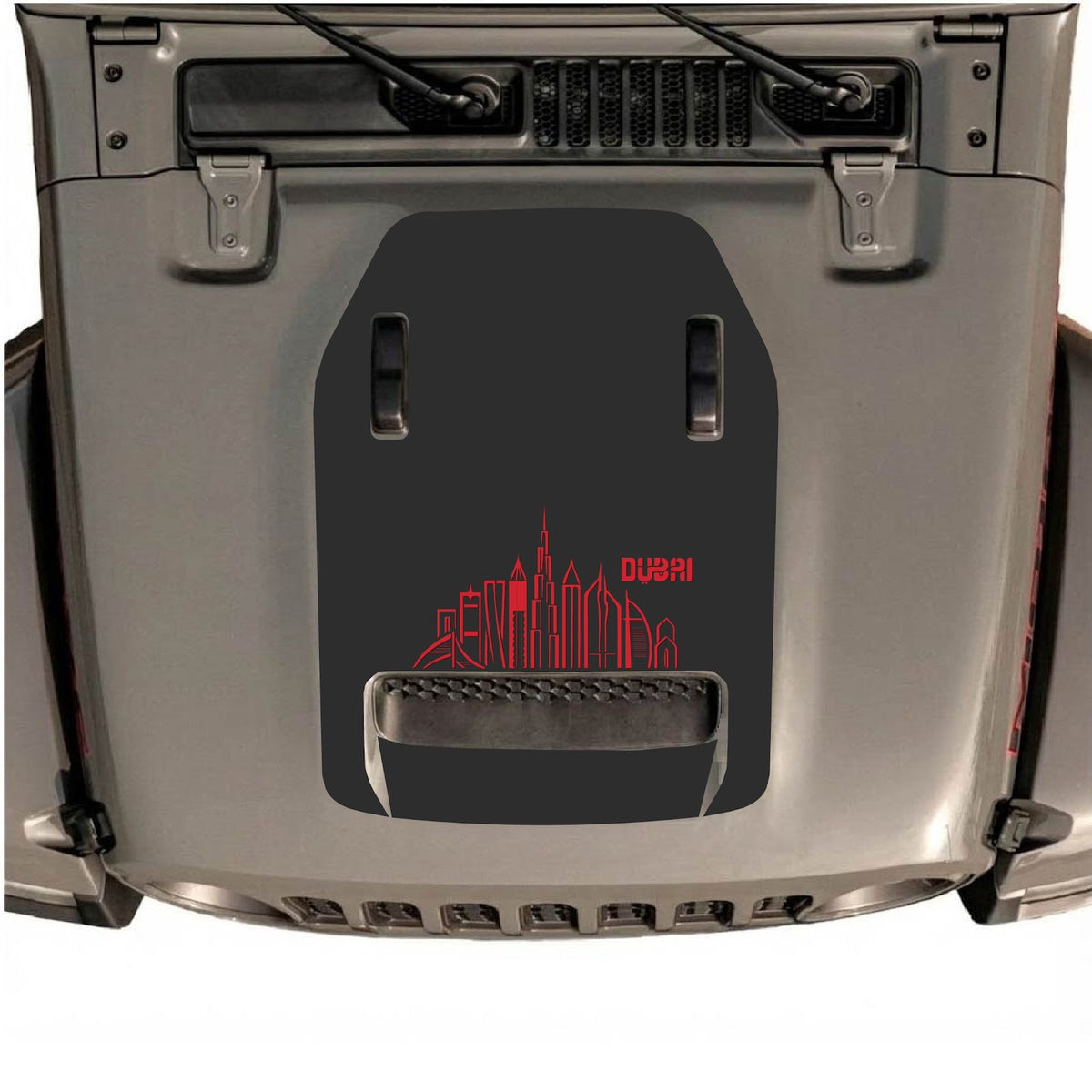 CarCode autocollant de capot pour Jeep Wrangler JL/JLU Rubicon 392 et JT Gladiator Mojave 2020-2026, style #14, montré sur le capot du véhicule.