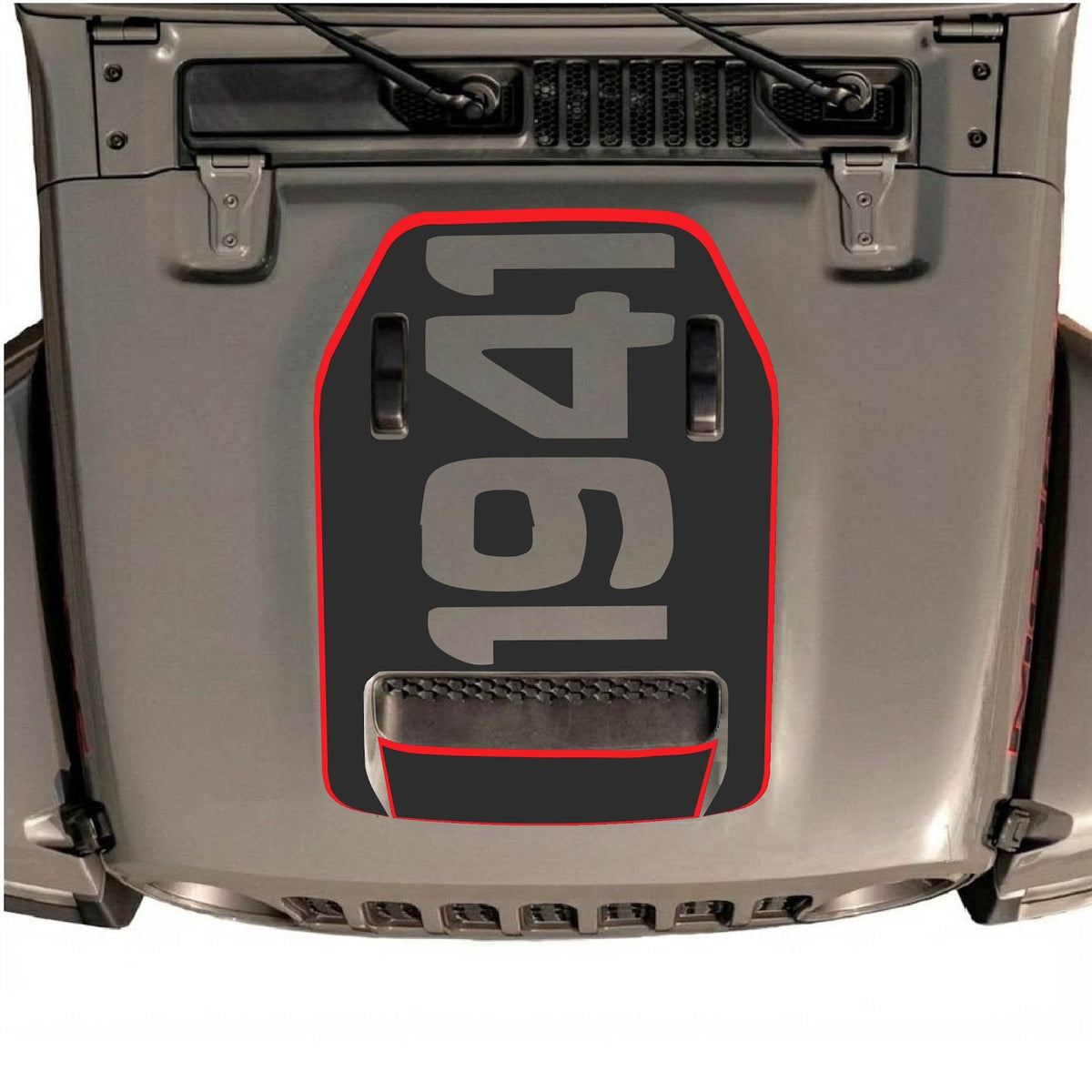 Jeep Wrangler JL/JLU Rubicon 392 and Gladiator Mojave hood decal in Style #68 by CarCode, featuring bold graphic design on vehicle hood.