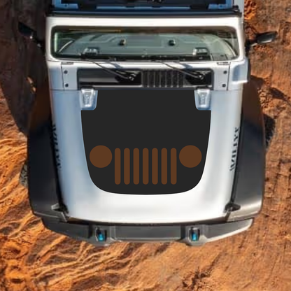 CarCode hood decal for Jeep Wrangler JL, JLU, Gladiator JT, 2018+ style, black and gray graphic applied to vehicle's standard hood