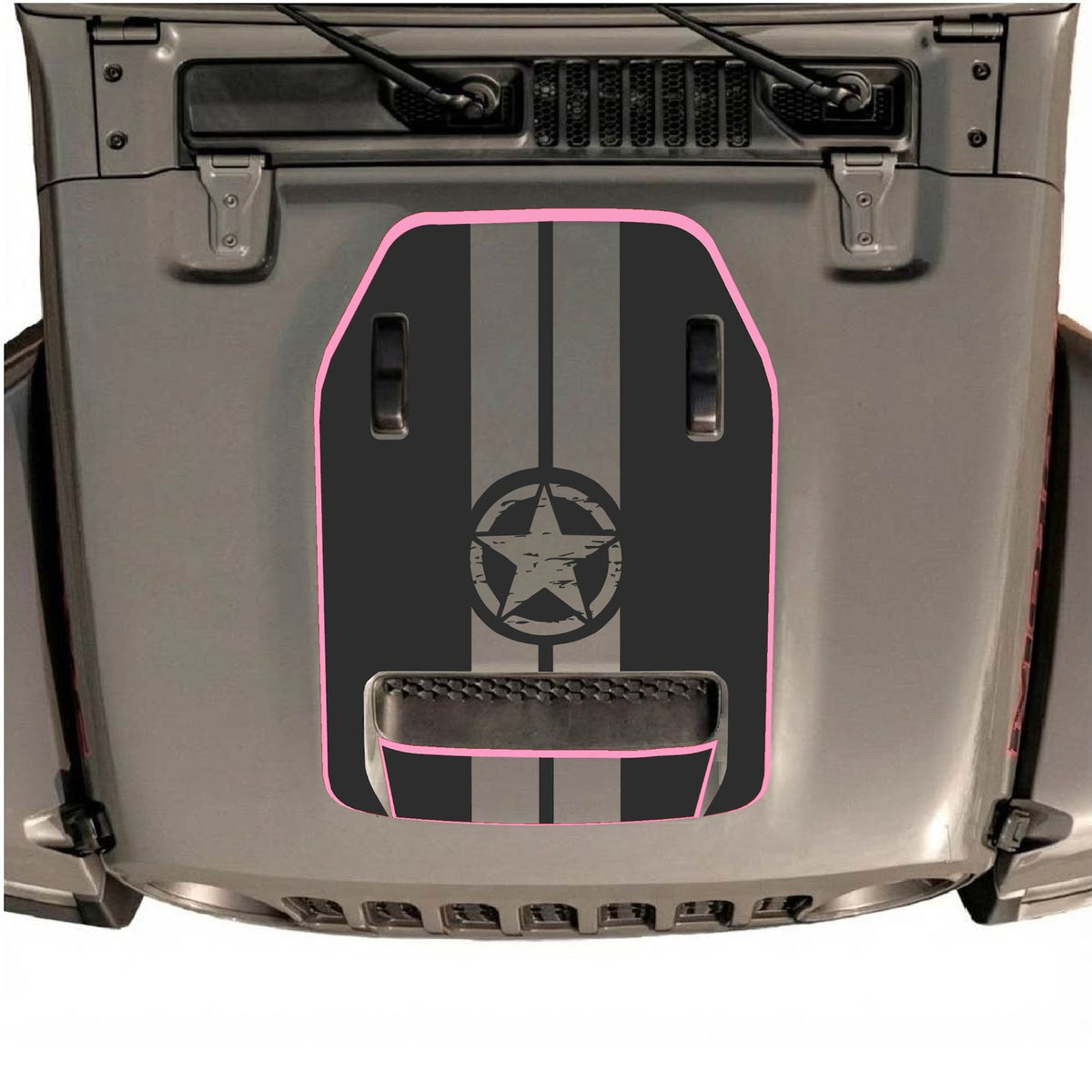Jeep Wrangler JL/JLU Rubicon 392 and Gladiator Mojave hood decal by CarCode, style #73, shown on vehicle hood.