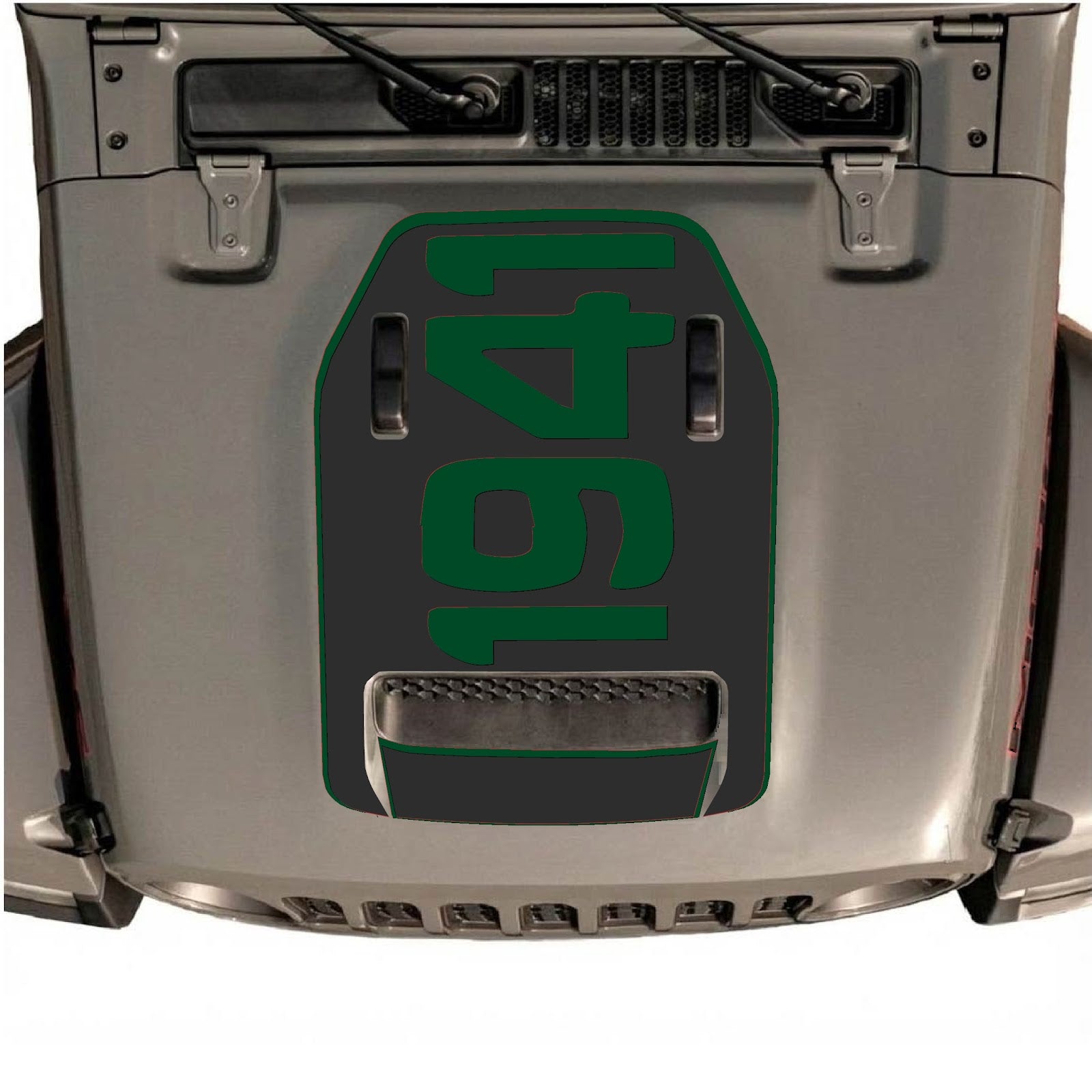 Jeep Wrangler JL/JLU Rubicon 392 and JT Gladiator Mojave hood decal by CarCode, Style #01, black graphic on vehicle hood.