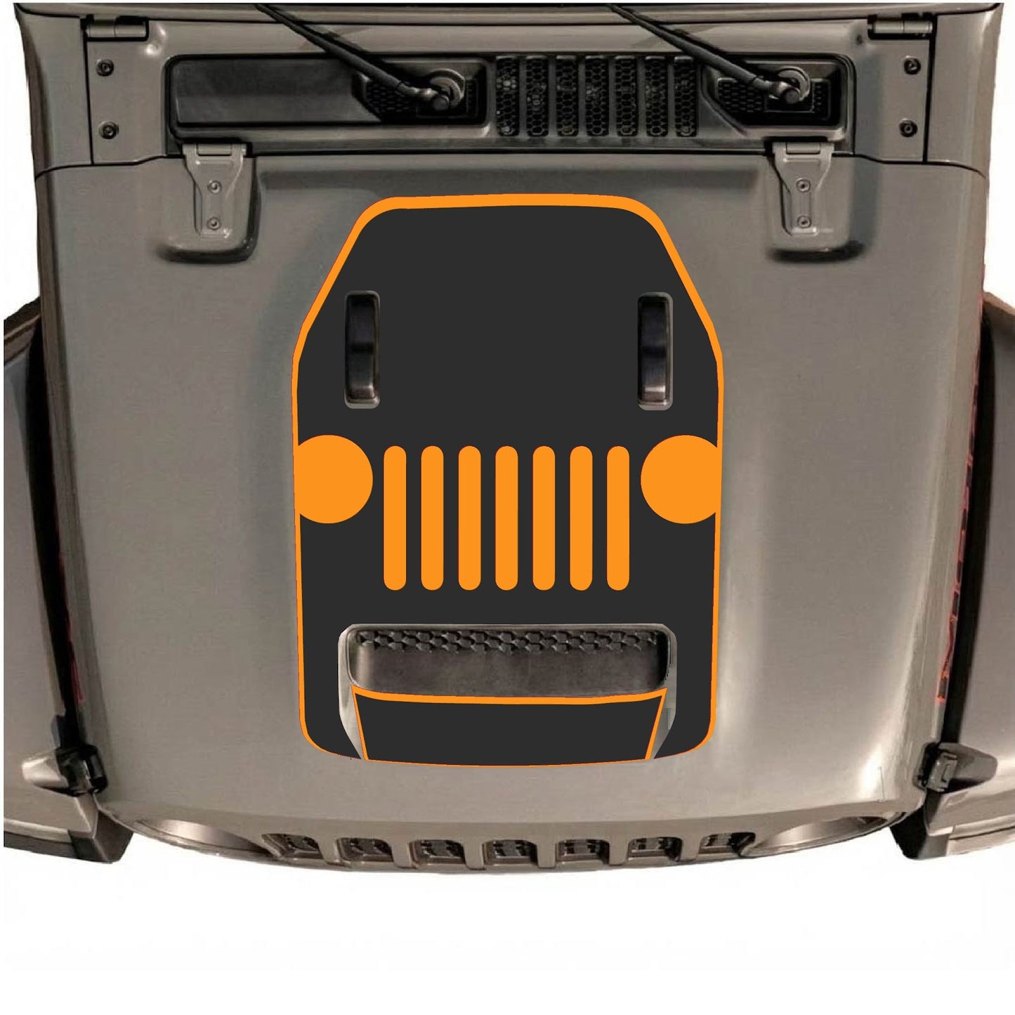 Jeep Wrangler JL/JLU Rubicon 392 and Gladiator Mojave hood decal in style #03, black graphic design on vehicle hood.