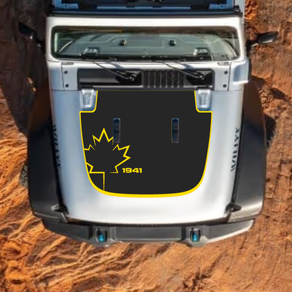 CarCode hood decal for Jeep Wrangler JL, JLU, Gladiator JT, standard hood, style #22, black graphic design on vehicle hood