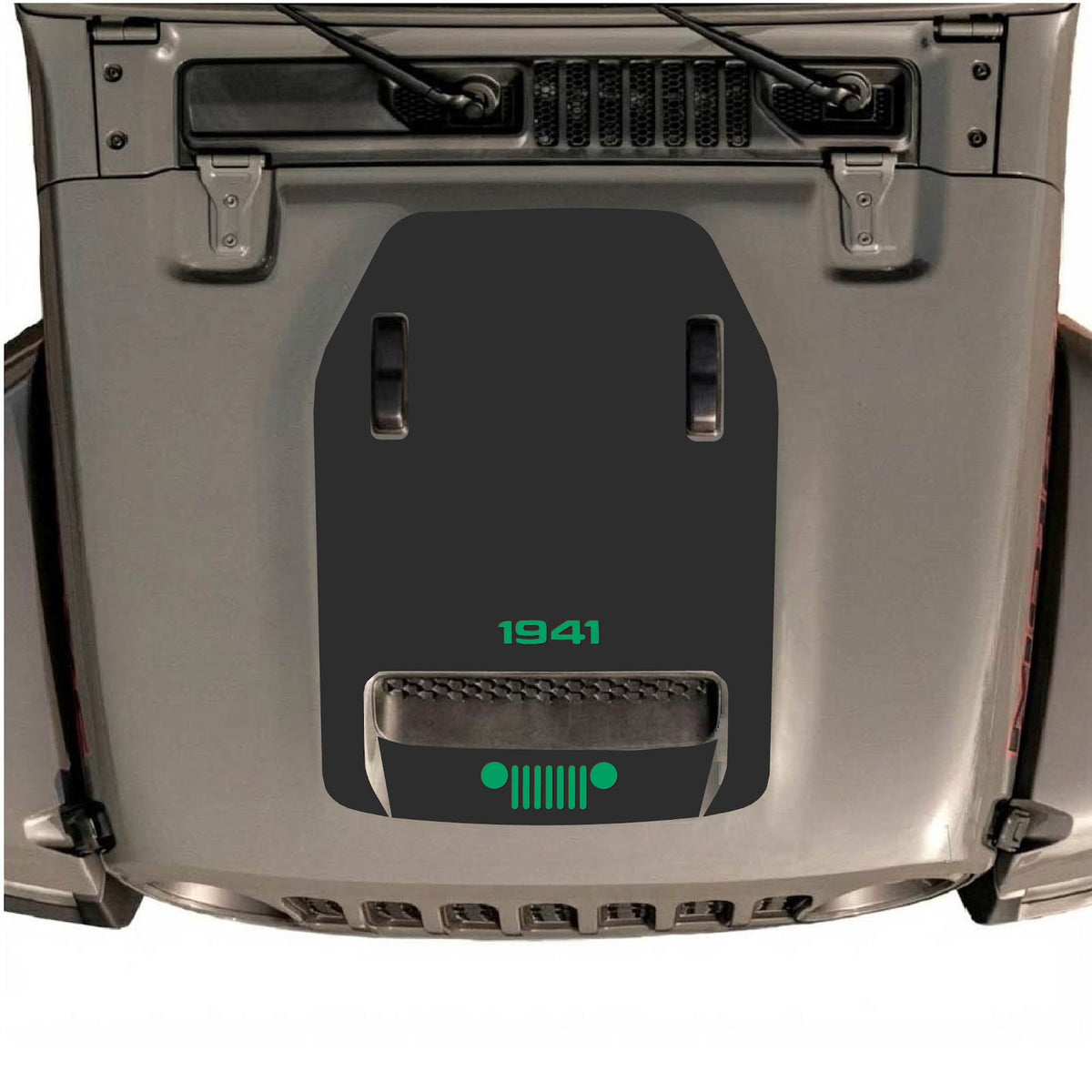 CarCode Jeep Wrangler JL/JLU Rubicon 392 and Gladiator Mojave hood decal with style #60, featuring bold black graphic design.