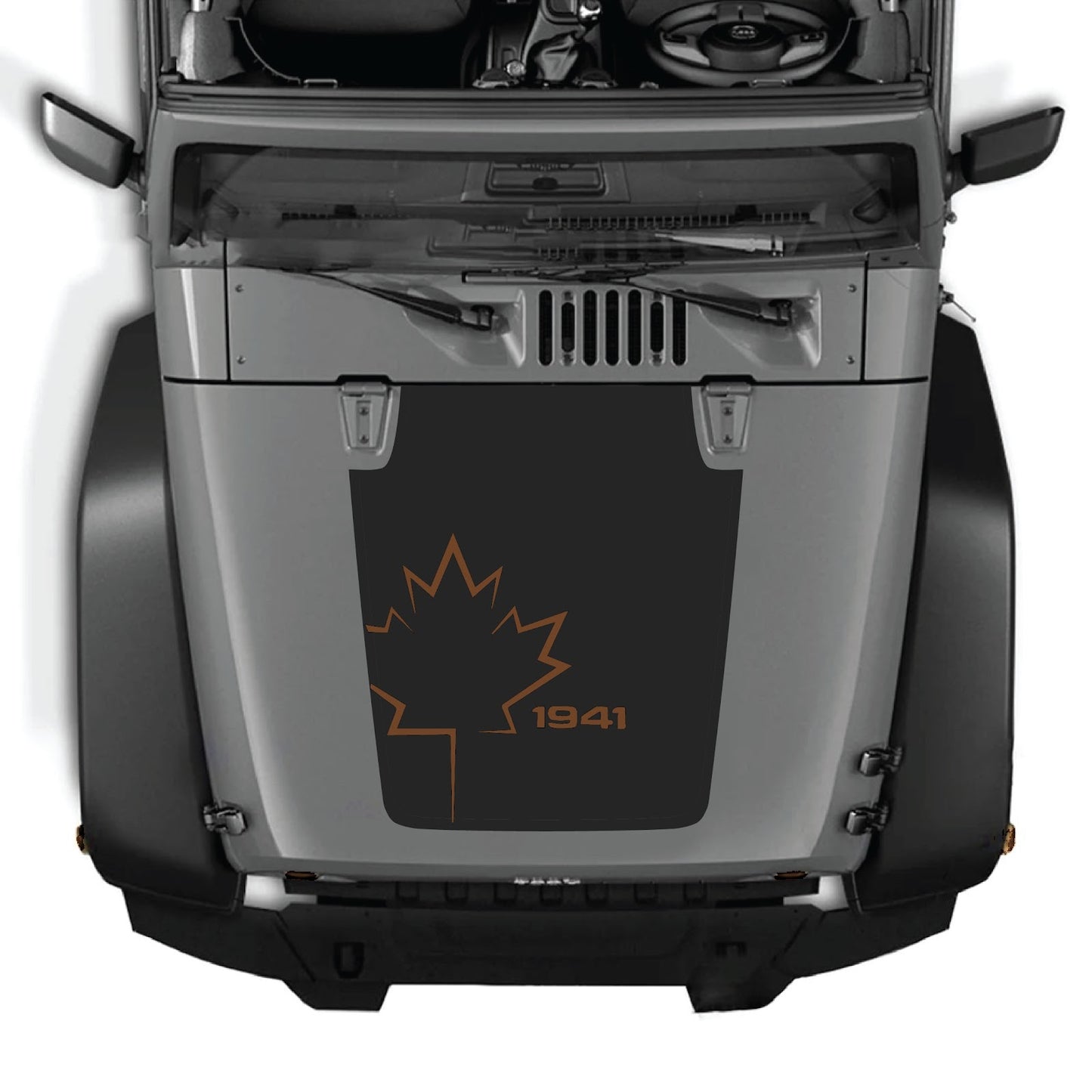 CarCode hood decal for Jeep Wrangler JK/JKU 2007-2018, style #10, black decal applied to vehicle's hood in image.
