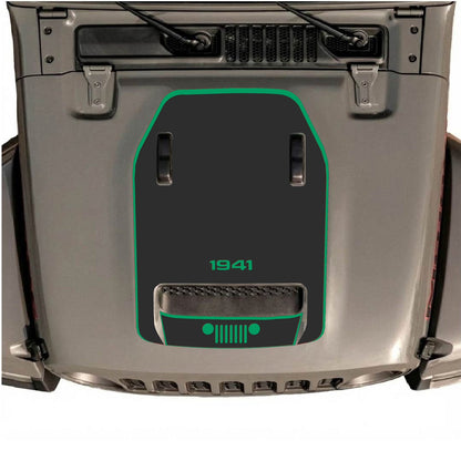 CarCode hood decal for Jeep Wrangler JL/JLU Rubicon 392 and Gladiator Mojave, style #59, shown on silver vehicle hood.