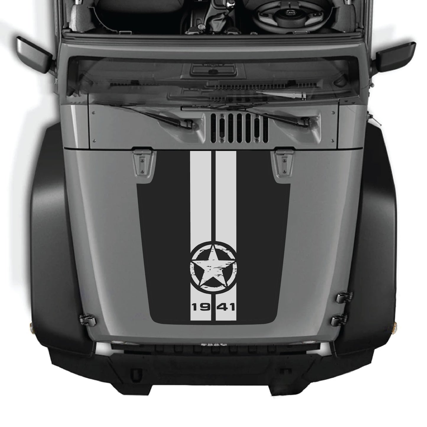 CarCode Jeep Wrangler JK/JKU hood decal in style #62, black and gray graphic design on the hood of a 2007-2018 Jeep Wrangler.