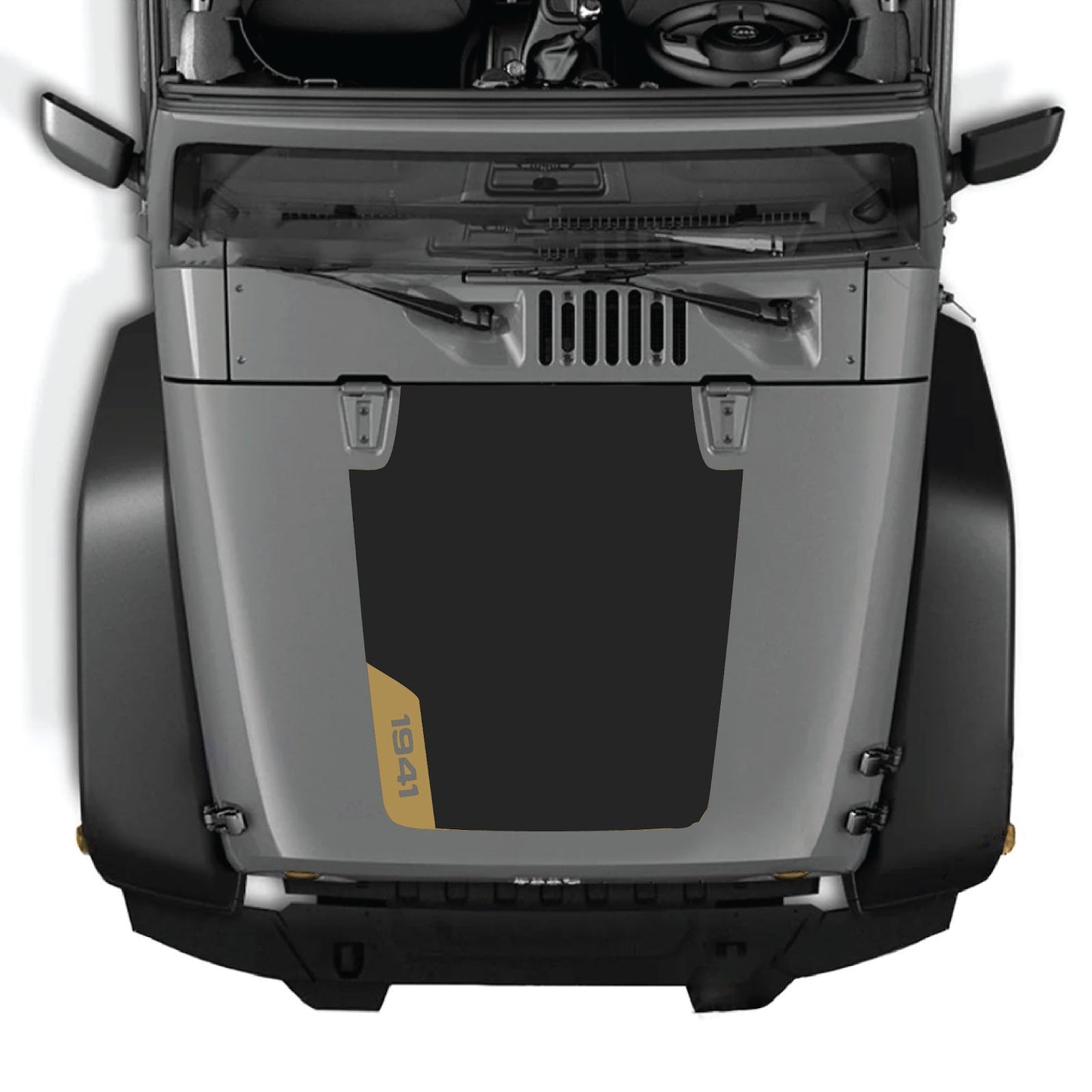 CarCode Jeep Wrangler JK/JKU hood decal, style #85, black graphic design on vehicle hood, fits 2007-2018 models.