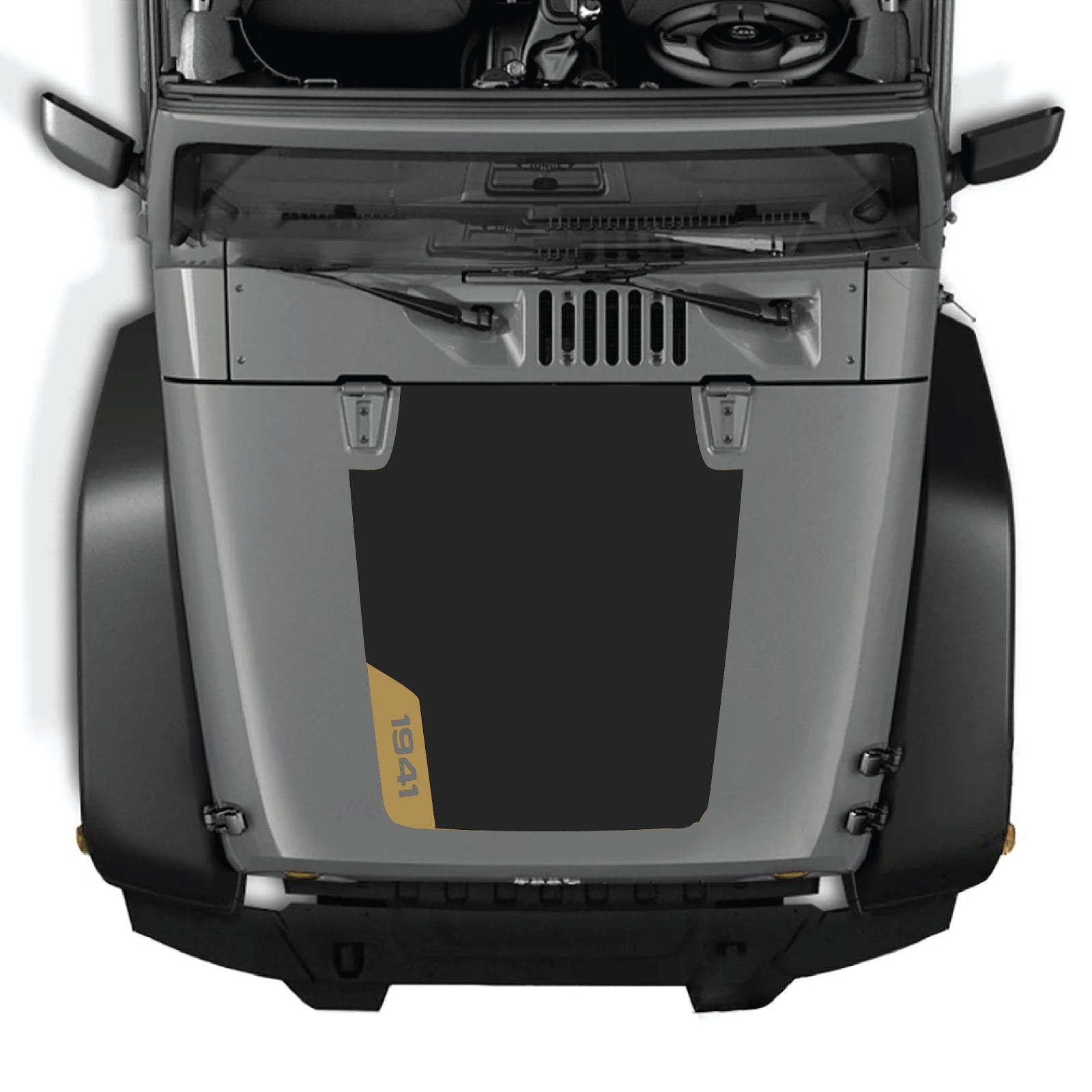 CarCode Jeep Wrangler JK/JKU hood decal, style #85, black graphic design on vehicle hood, fits 2007-2018 models.
