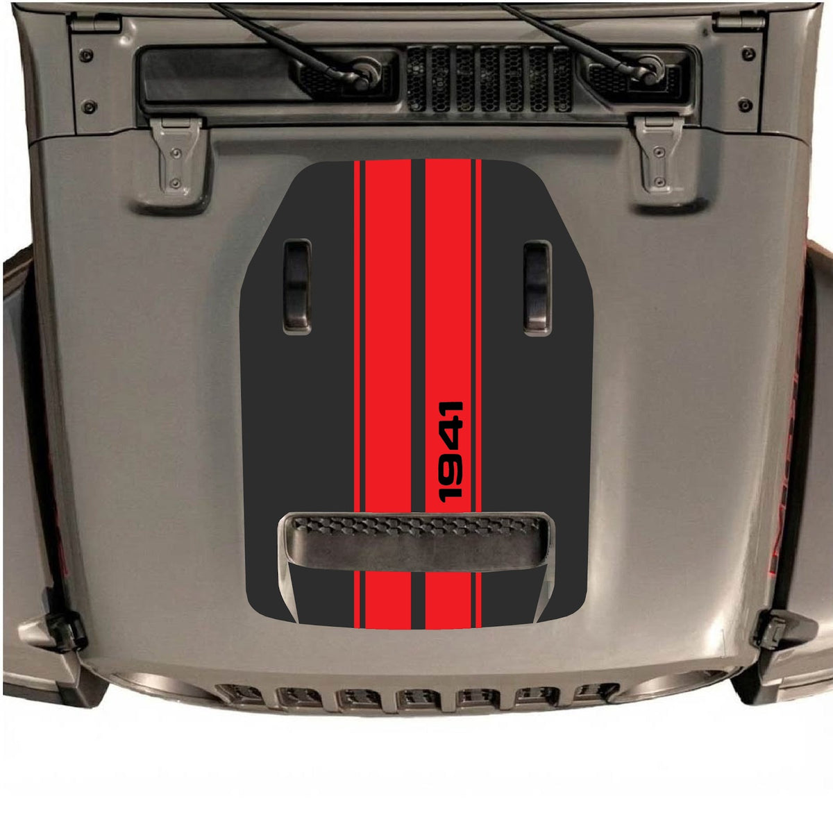 CarCode autocollant de capot pour Jeep Wrangler JL/JLU Rubicon 392 et JT Gladiator Mojave 2020-2026, style n°08, présenté sur le capot du véhicule.