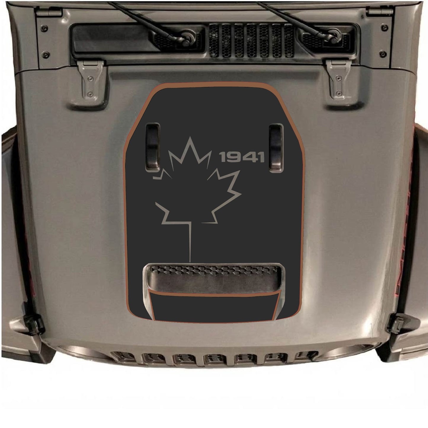 CarCode Jeep Wrangler JL/JLU Rubicon 392 and Gladiator Mojave hood decal, style #79, black and silver graphic design on hood