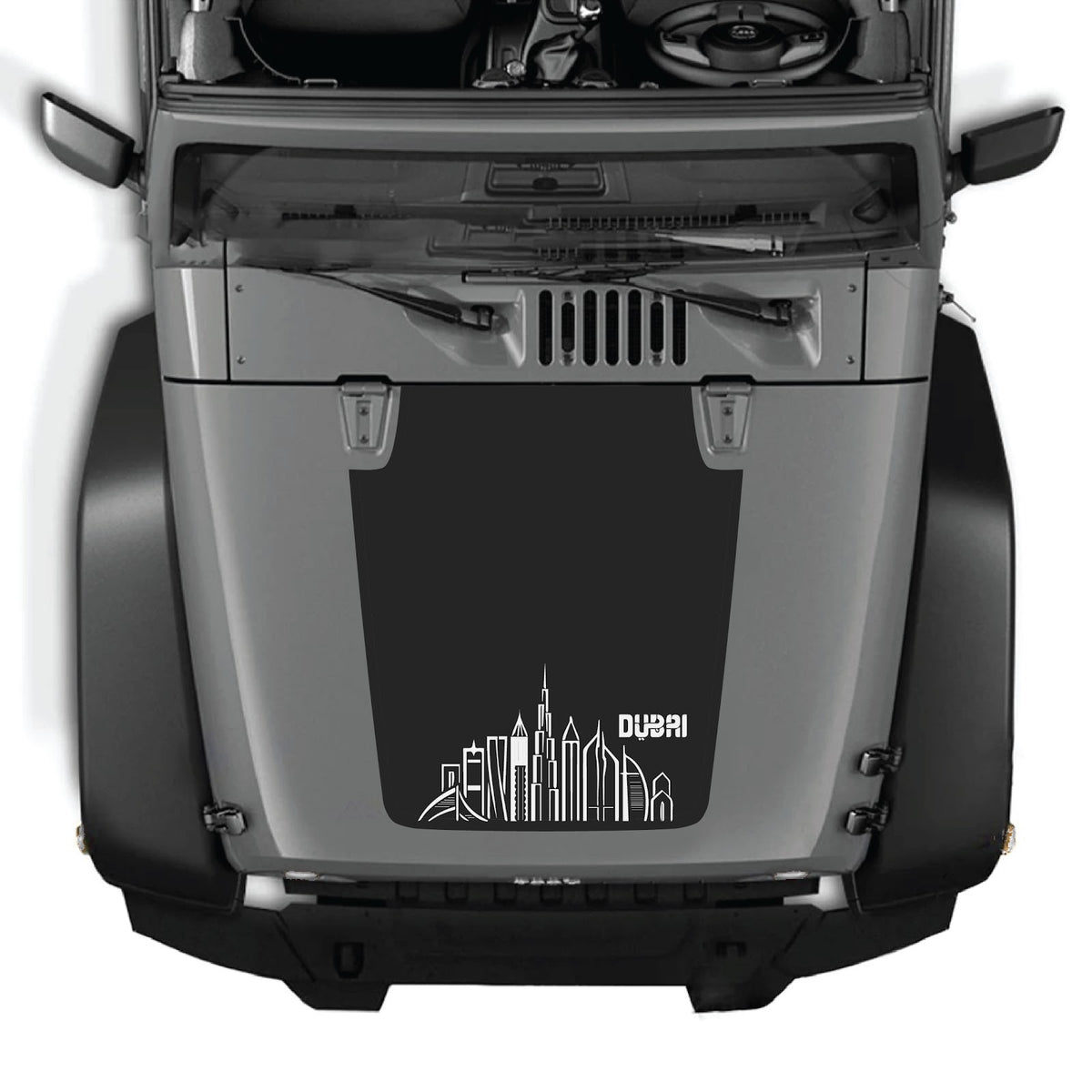 CarCode hood decal for Jeep Wrangler JK/JKU 2007-2018, style #23, shown on the vehicle's hood with bold design elements.