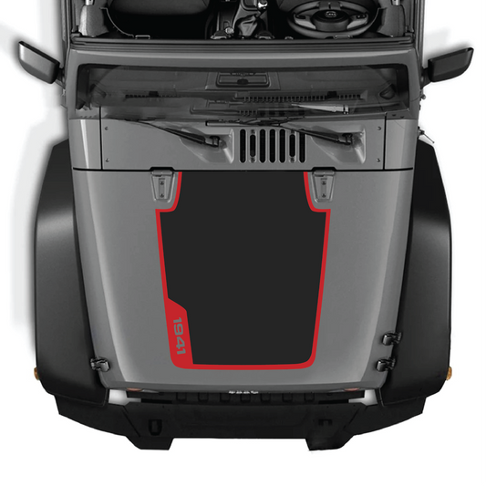 CarCode hood decal for Jeep Wrangler JK/JKU 2007-2018, style #86, shown on vehicle hood in black and white design.