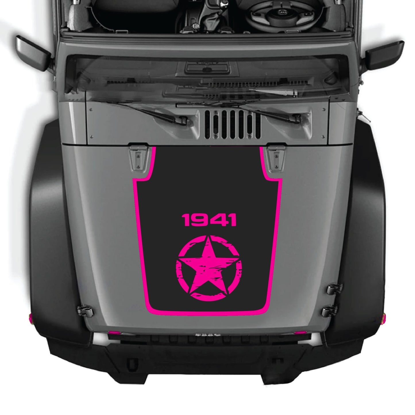 CarCode Jeep Wrangler JK/JKU hood decal Style #22 on a black vehicle, showcasing the custom decal design on the hood.