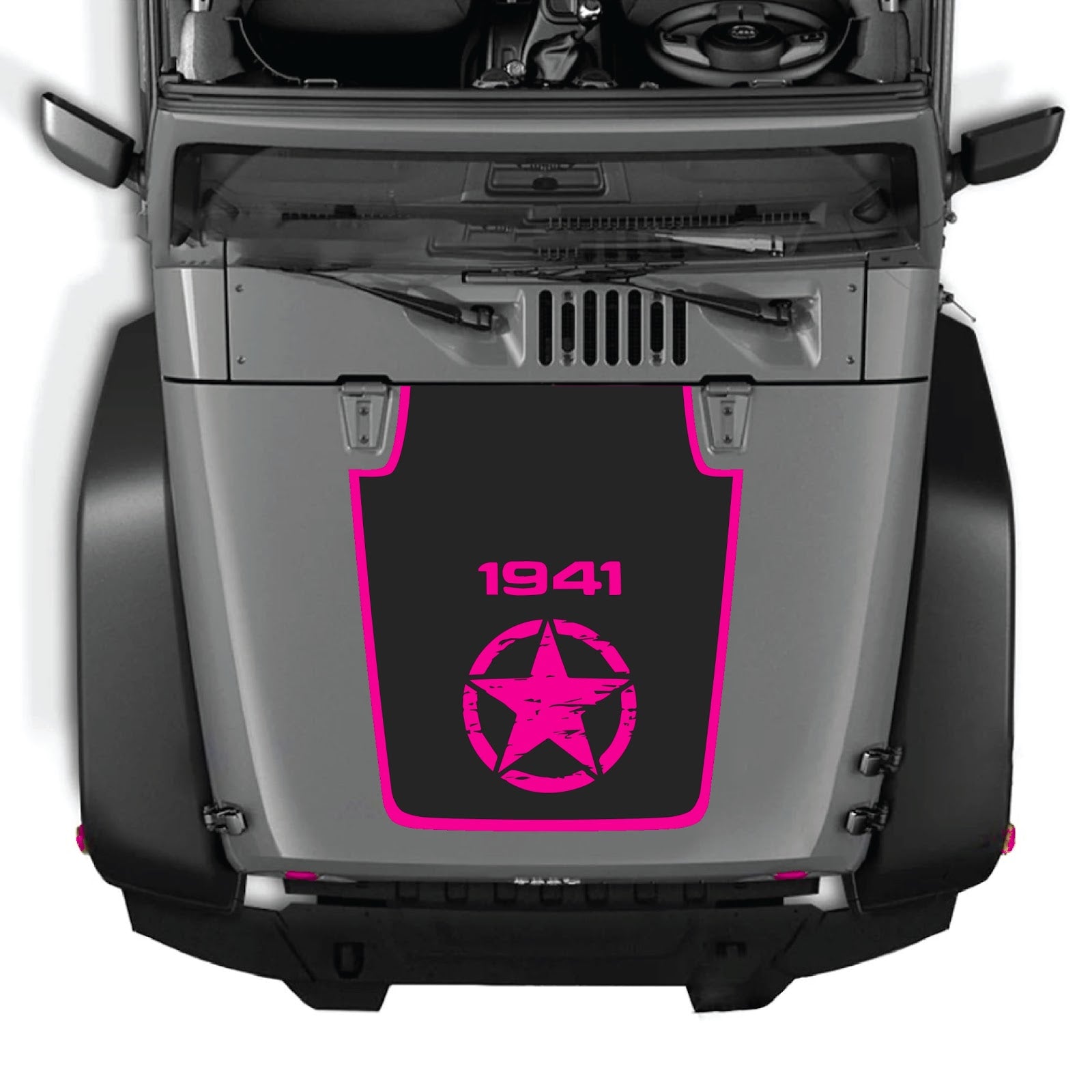 CarCode Jeep Wrangler JK/JKU hood decal Style #22 on a black vehicle, showcasing the custom decal design on the hood.