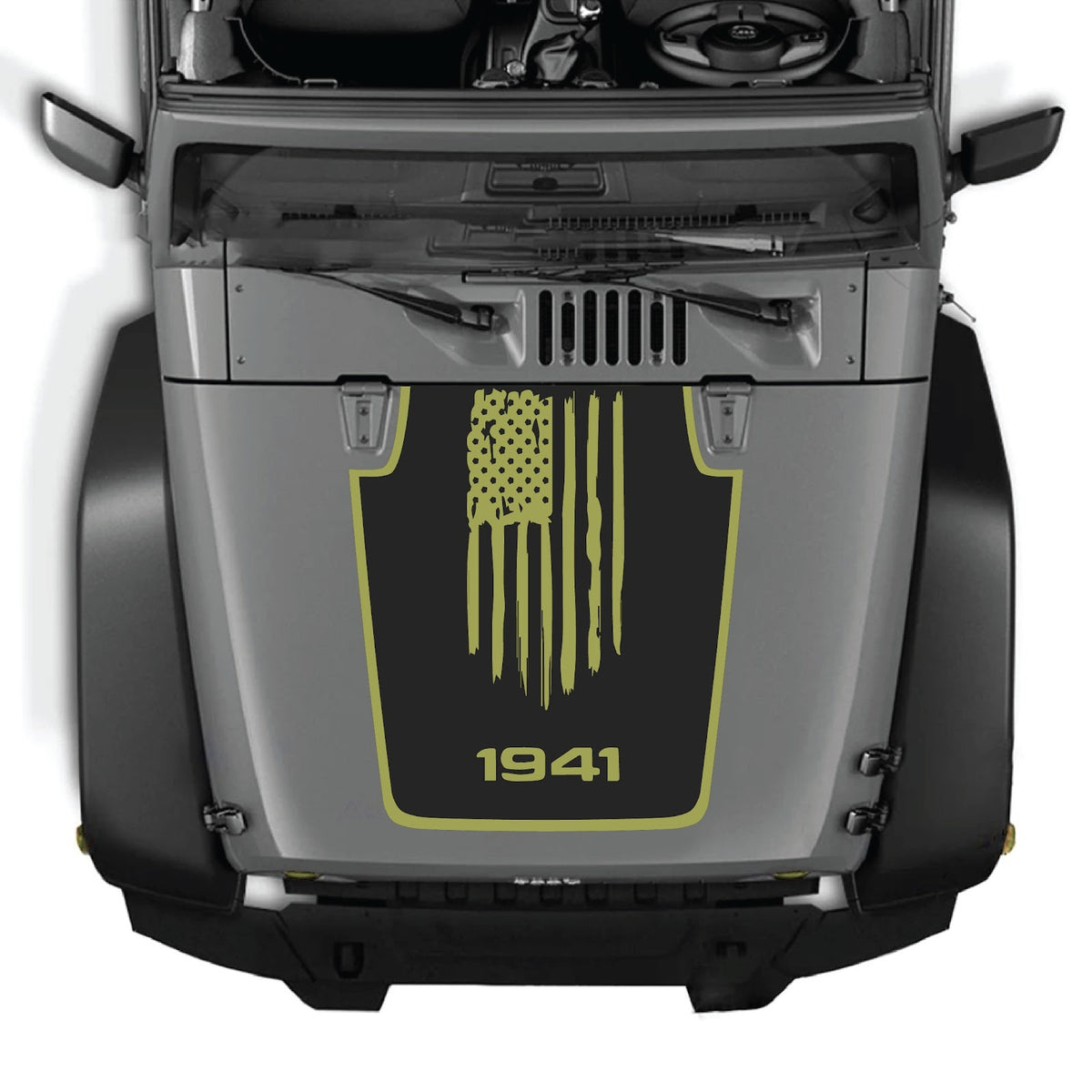 Jeep Wrangler JK/JKU hood decal in style #06 by CarCode, featuring a sleek black graphic on a white hood.