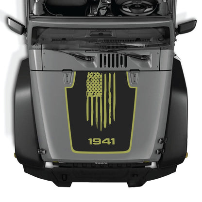 Jeep Wrangler JK/JKU hood decal in style #06 by CarCode, featuring a sleek black graphic on a white hood.