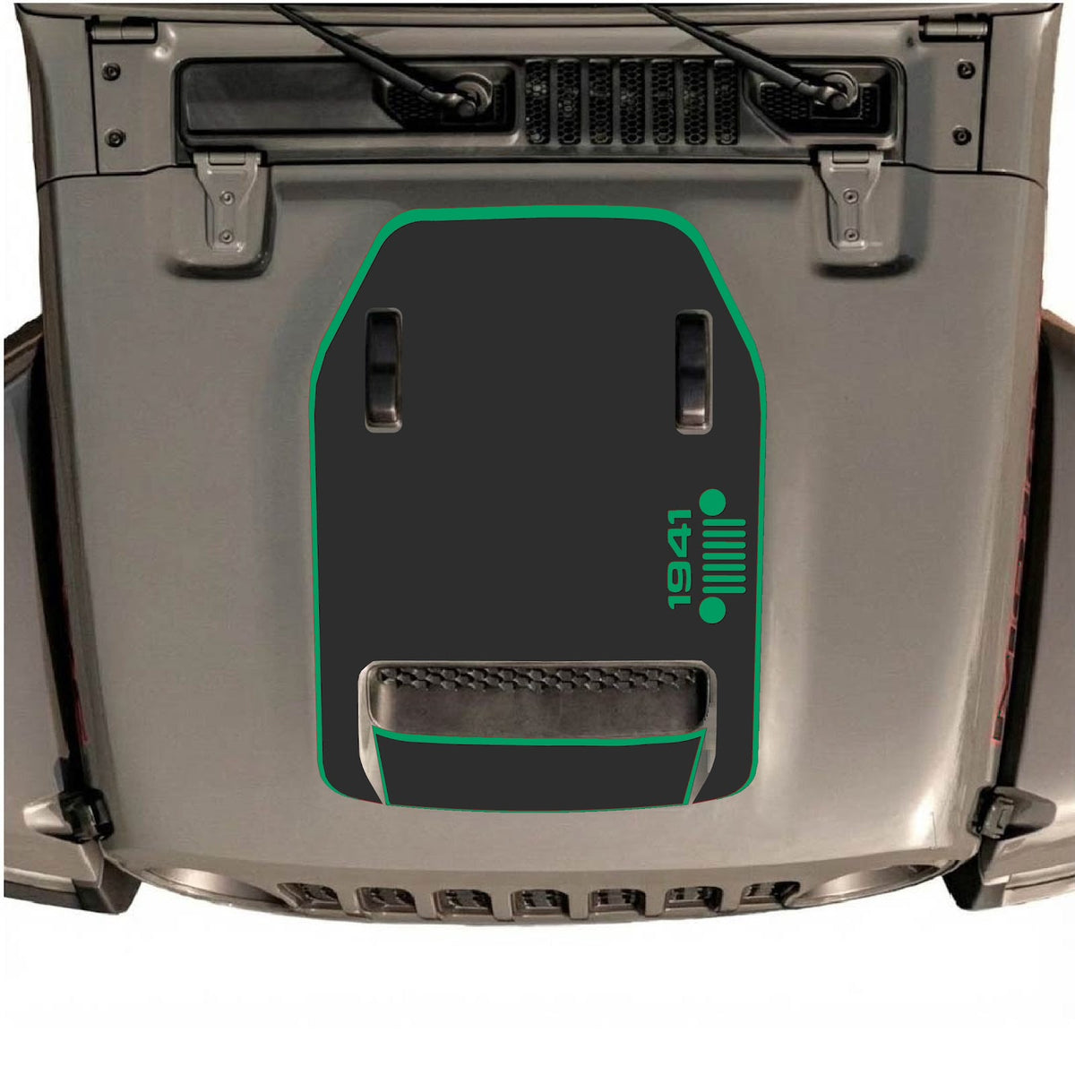 Jeep Wrangler JL/JLU Rubicon 392 or Gladiator Mojave hood decal with style #55, black and gray graphic design on vehicle hood.