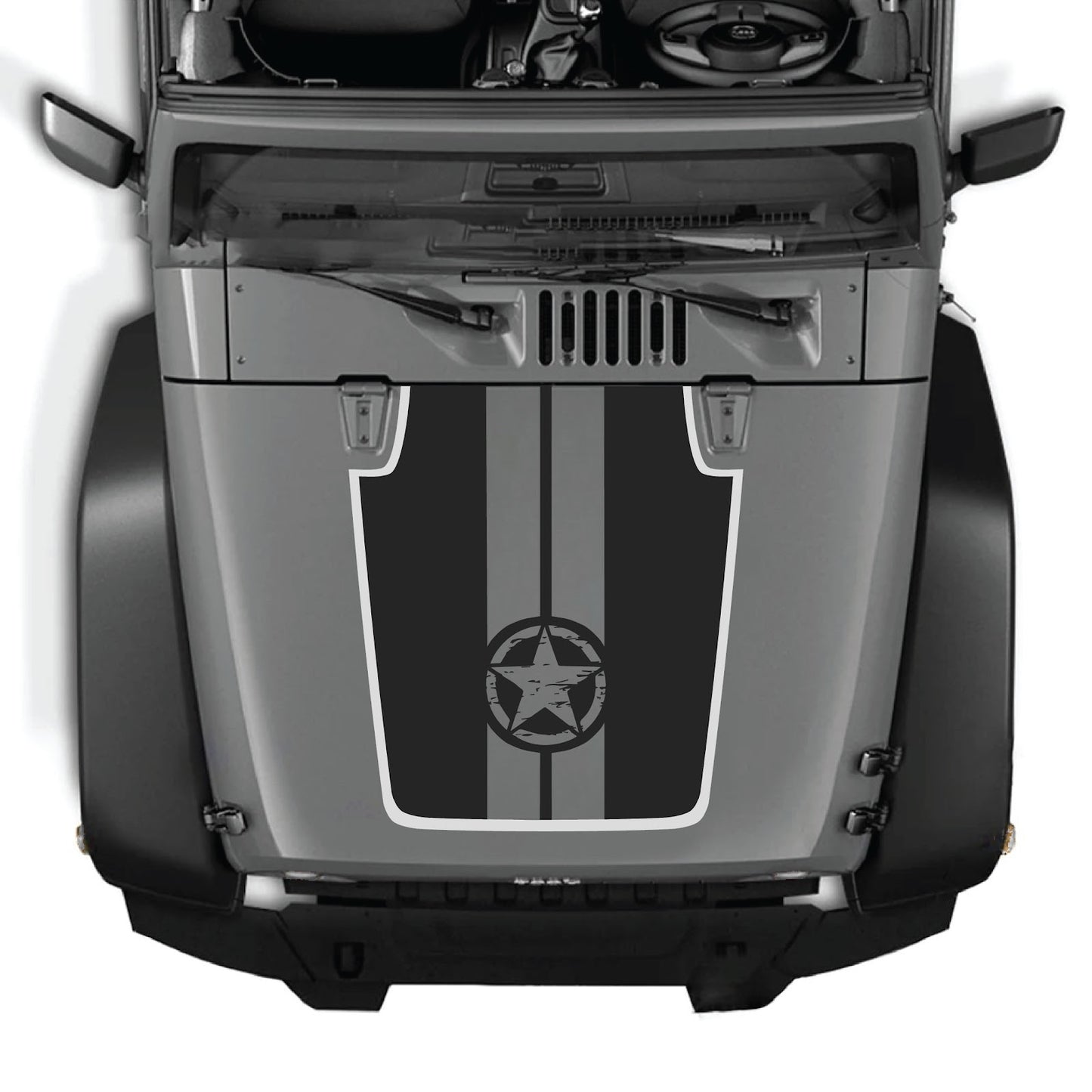 Jeep Wrangler JK/JKU hood decal by CarCode, style #88, black and gray graphic design on vehicle hood for 2007-2018 models.