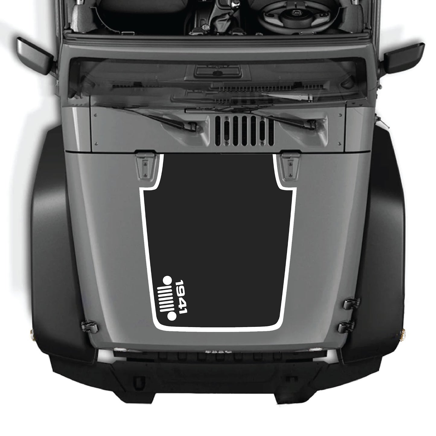 Jeep Wrangler JK/JKU hood decal by CarCode in style #58, black and gray graphic design on vehicle hood.