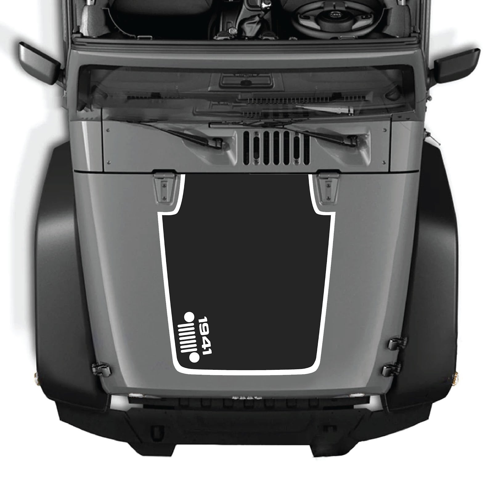 Jeep Wrangler JK/JKU hood decal by CarCode in style #58, black and gray graphic design on vehicle hood.