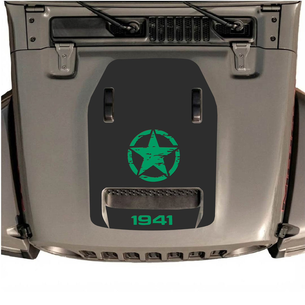 CarCode autocollant de capot pour Jeep Wrangler JL/JLU Rubicon 392 et JT Gladiator Mojave 2020-2026, présenté sur le capot du véhicule avec un design élégant.