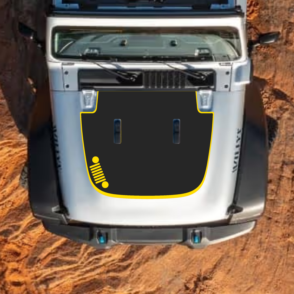 CarCode hood decal for Jeep Wrangler JL, JLU, Gladiator JT, 2018+ style, black and white graphic design on standard hood.