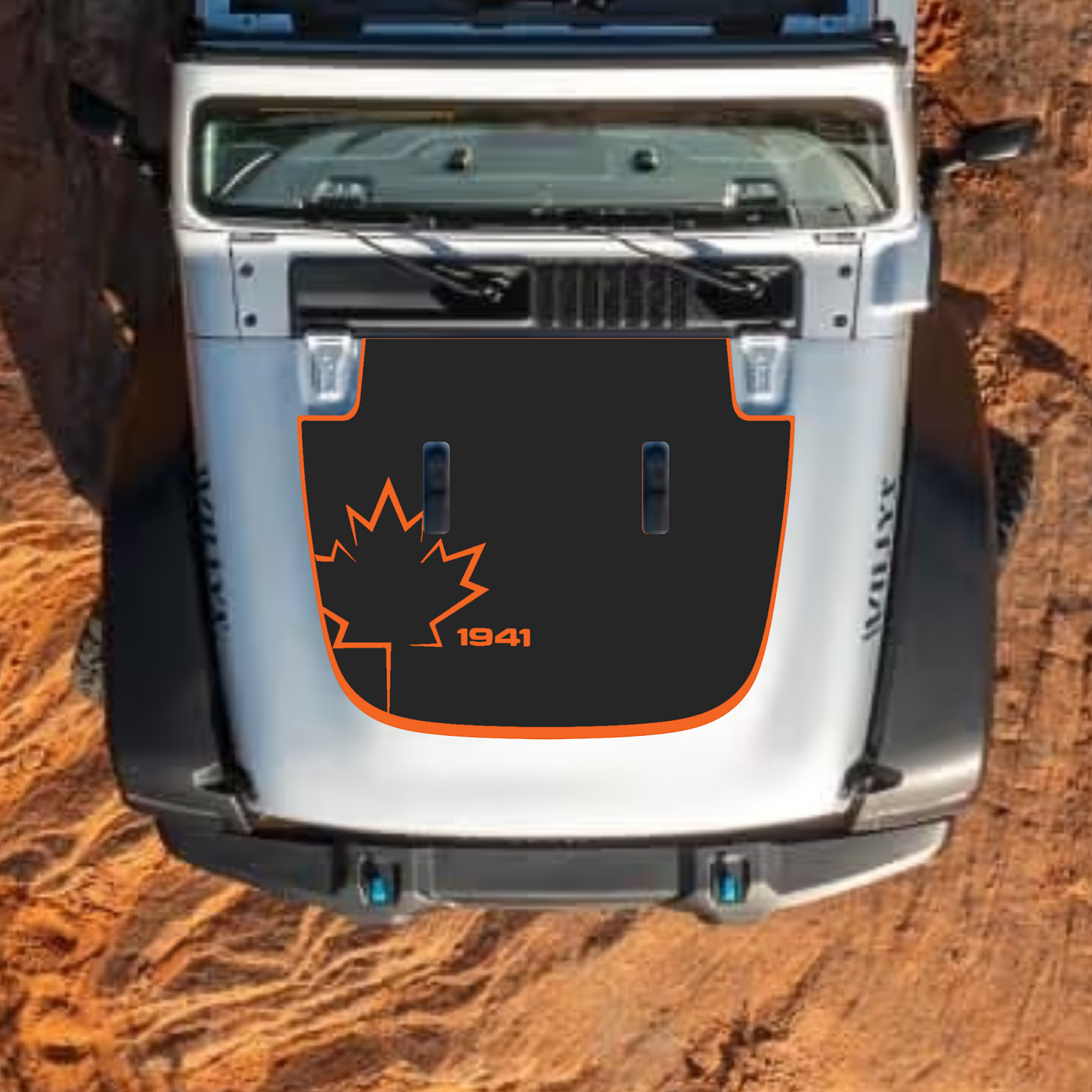 CarCode Jeep Wrangler JL Gladiator JT hood decal in style #22, black vinyl with sleek design, applied on standard 2018+ Jeep hood