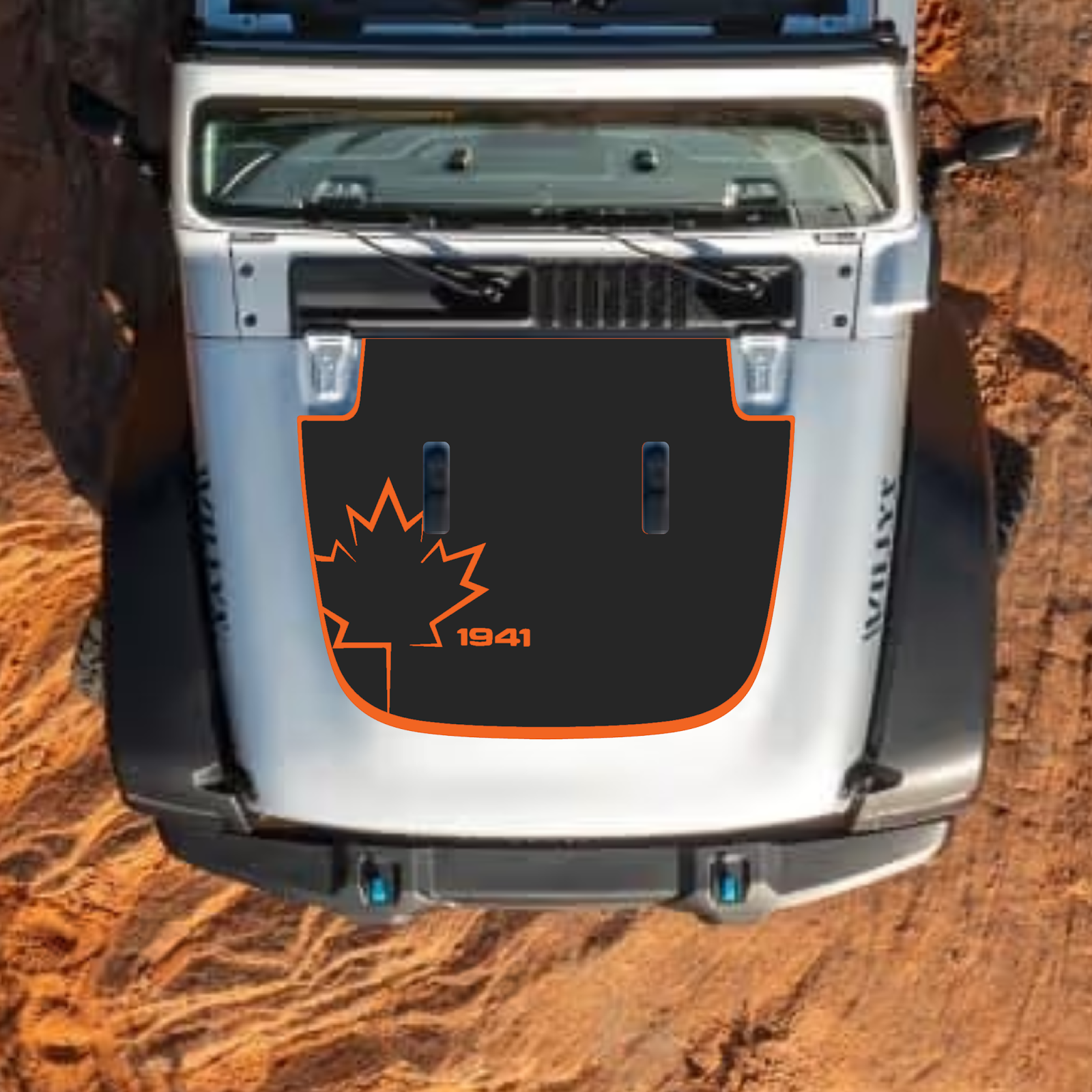 CarCode Jeep Wrangler JL Gladiator JT hood decal in style #22, black vinyl with sleek design, applied on standard 2018+ Jeep hood