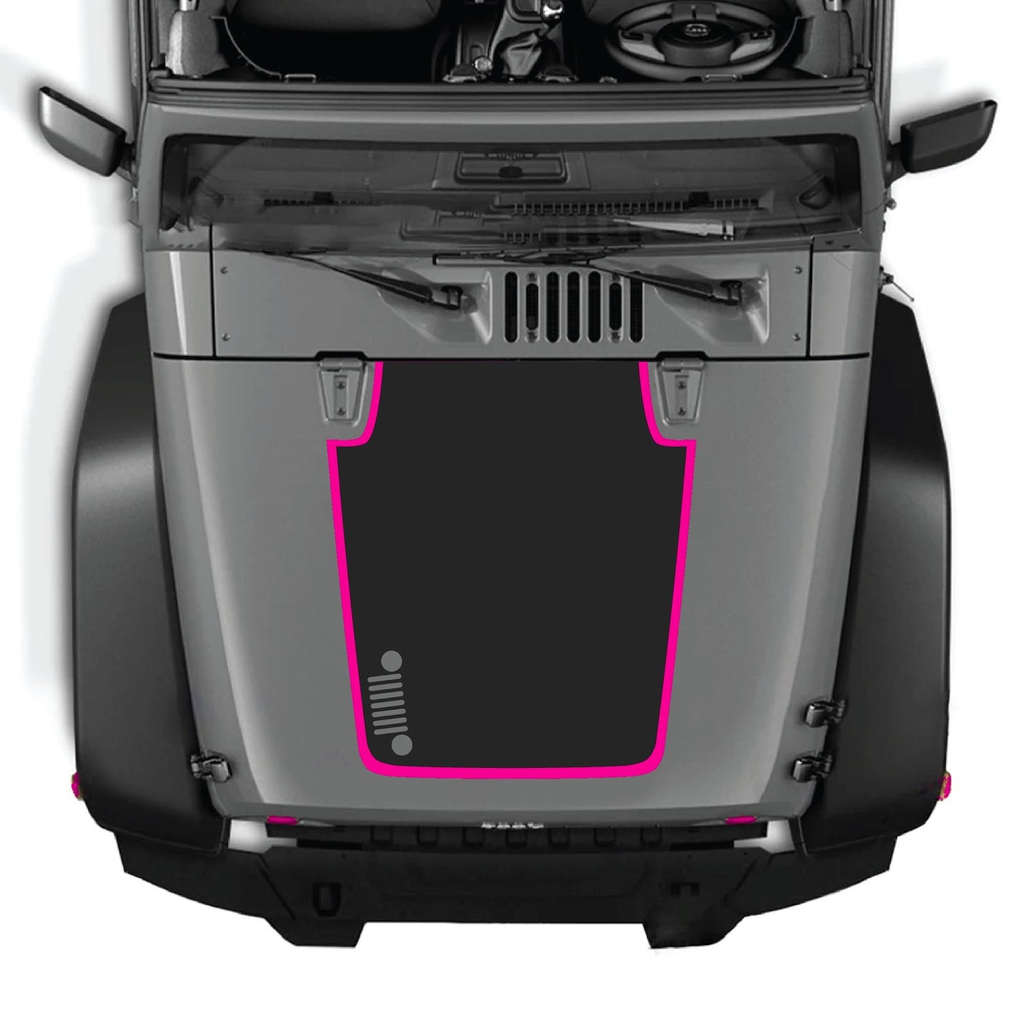 CarCode Jeep Wrangler JK/JKU hood decal, style #81, black graphic sticker for 2007-2018 models, applied on vehicle hood.